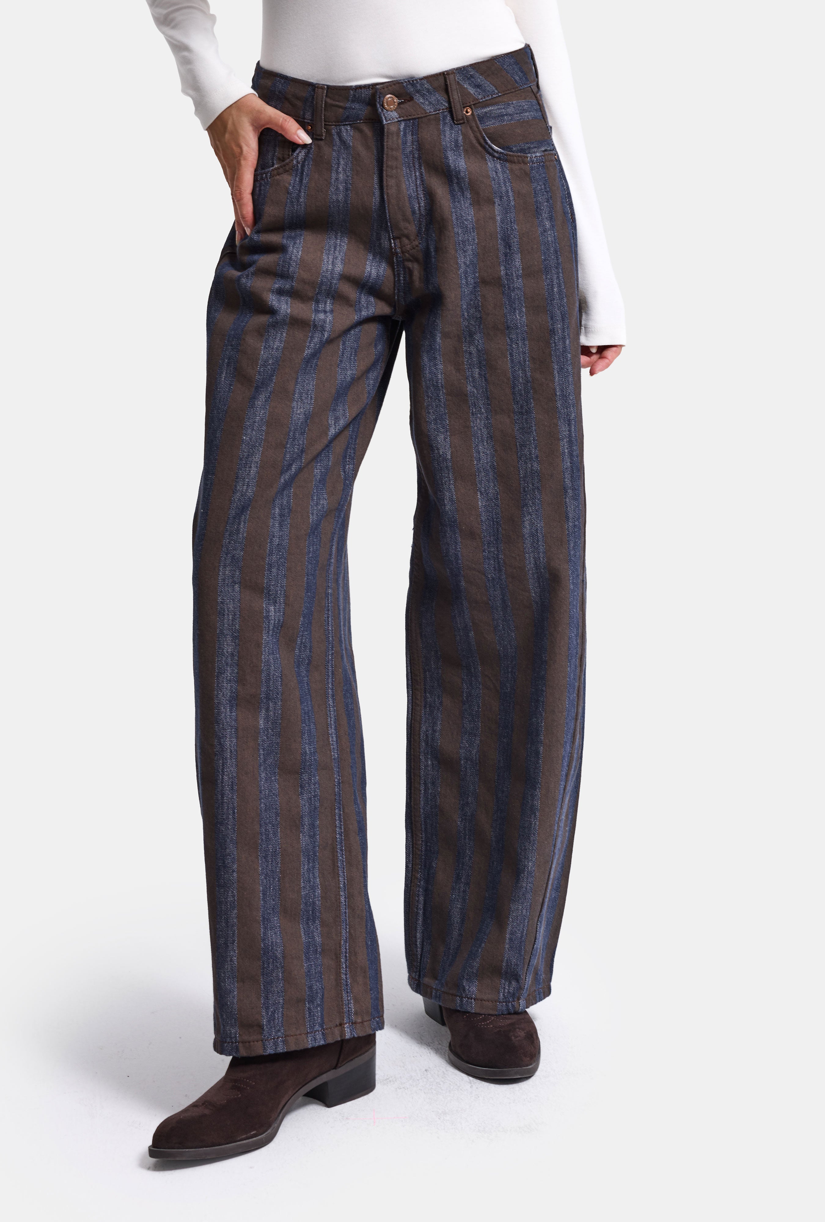 Kadın Kahve Çizgili 1w6-7 Barrel Fit Bol Kesim Tasarım Denim Pantolon