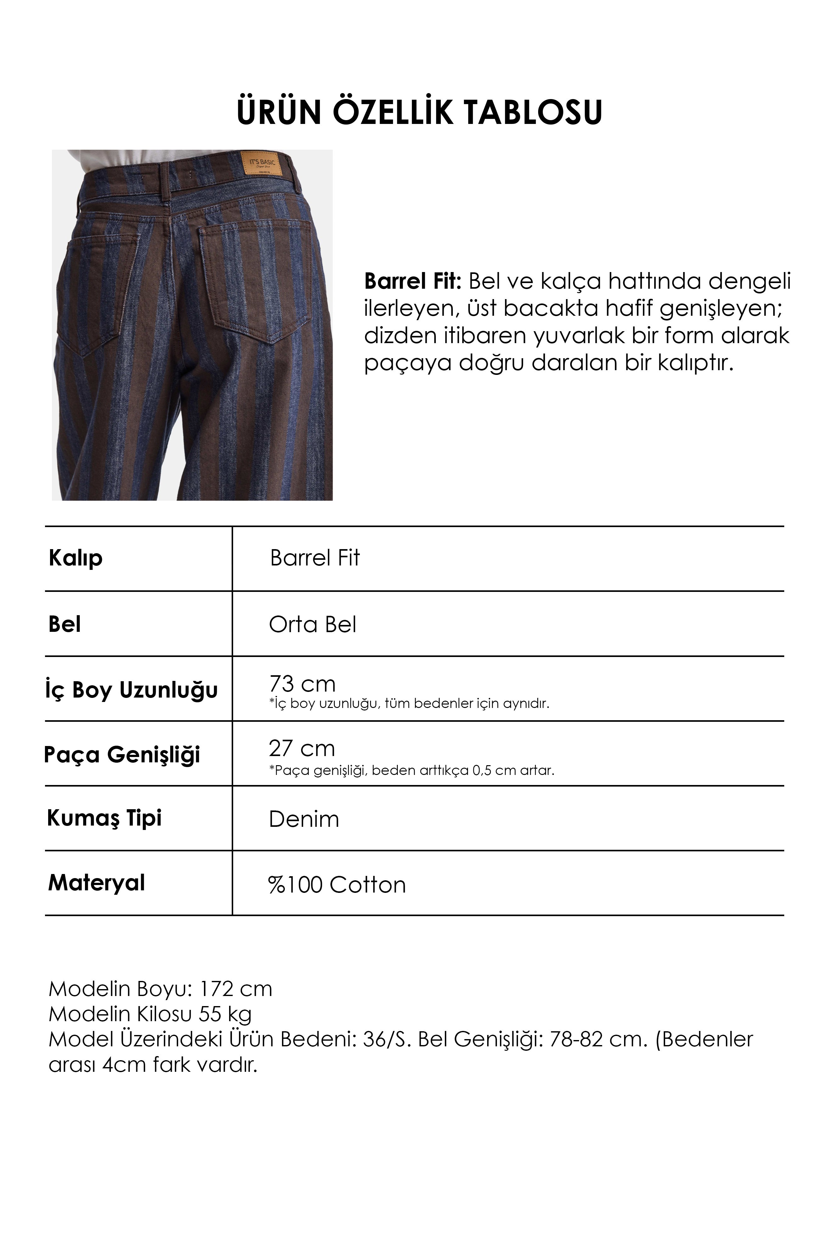 Kadın Kahve Çizgili 1w6-7 Barrel Fit Bol Kesim Tasarım Denim Pantolon