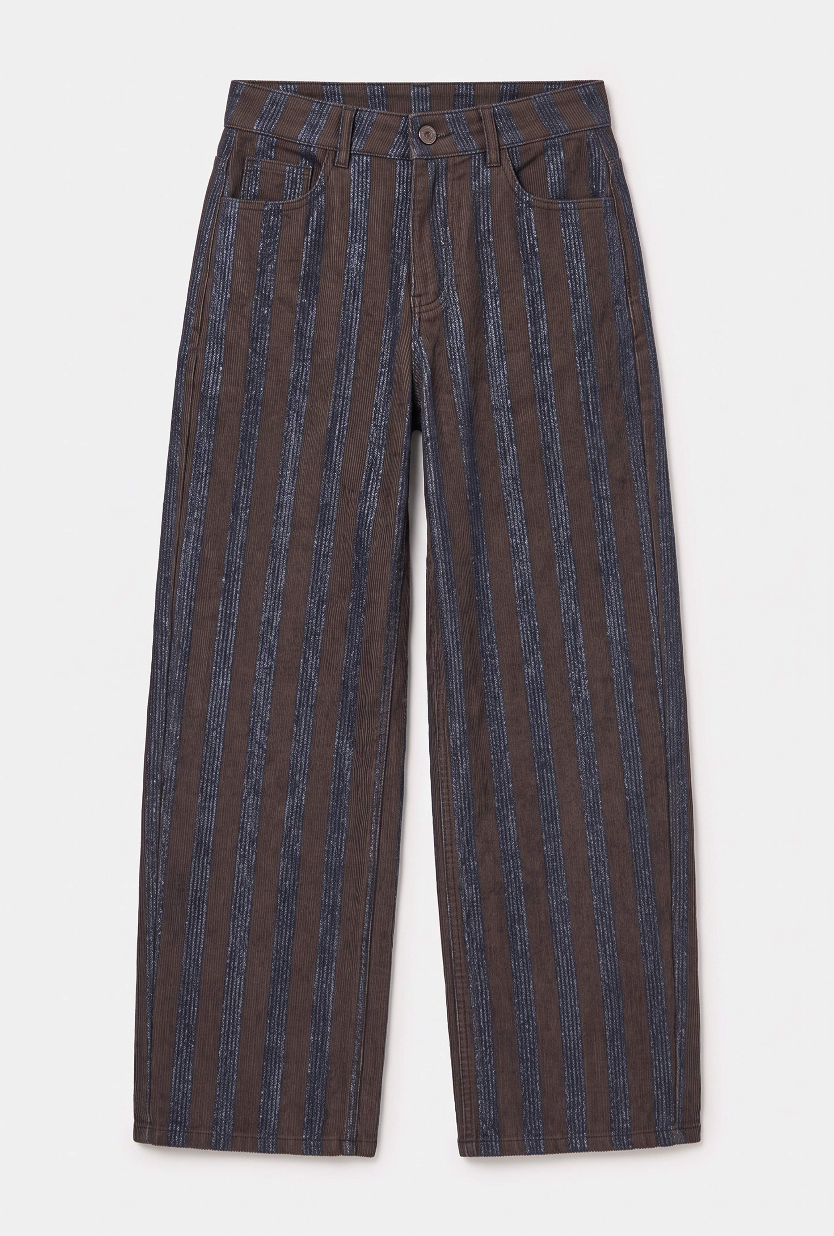 Kadın Kahve Çizgili 1w6-7 Barrel Fit Bol Kesim Tasarım Denim Pantolon