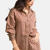 Women's Coffee Striped s6-108 Oversize Relaxed Fit Shirt