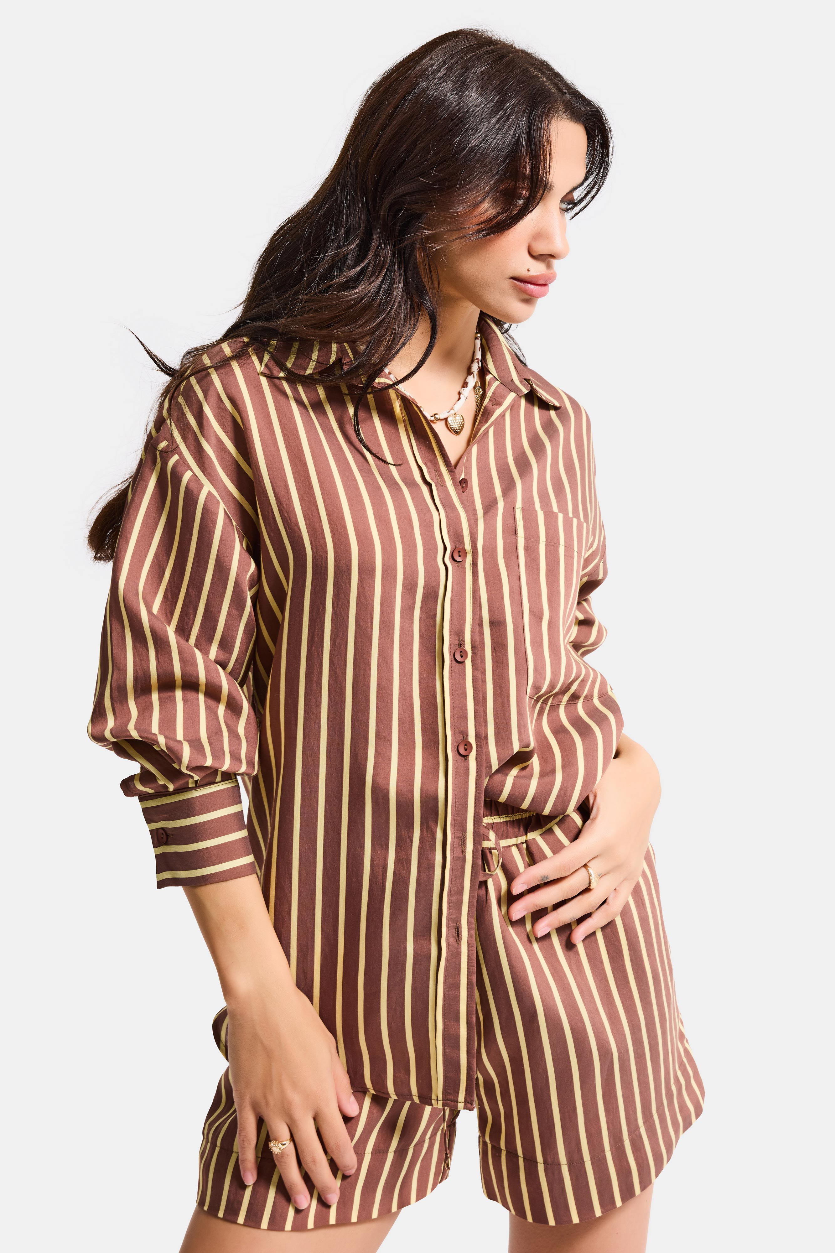 Kadın Kahve Çizgili s6-108 Oversize Rahat Kesim Gömlek