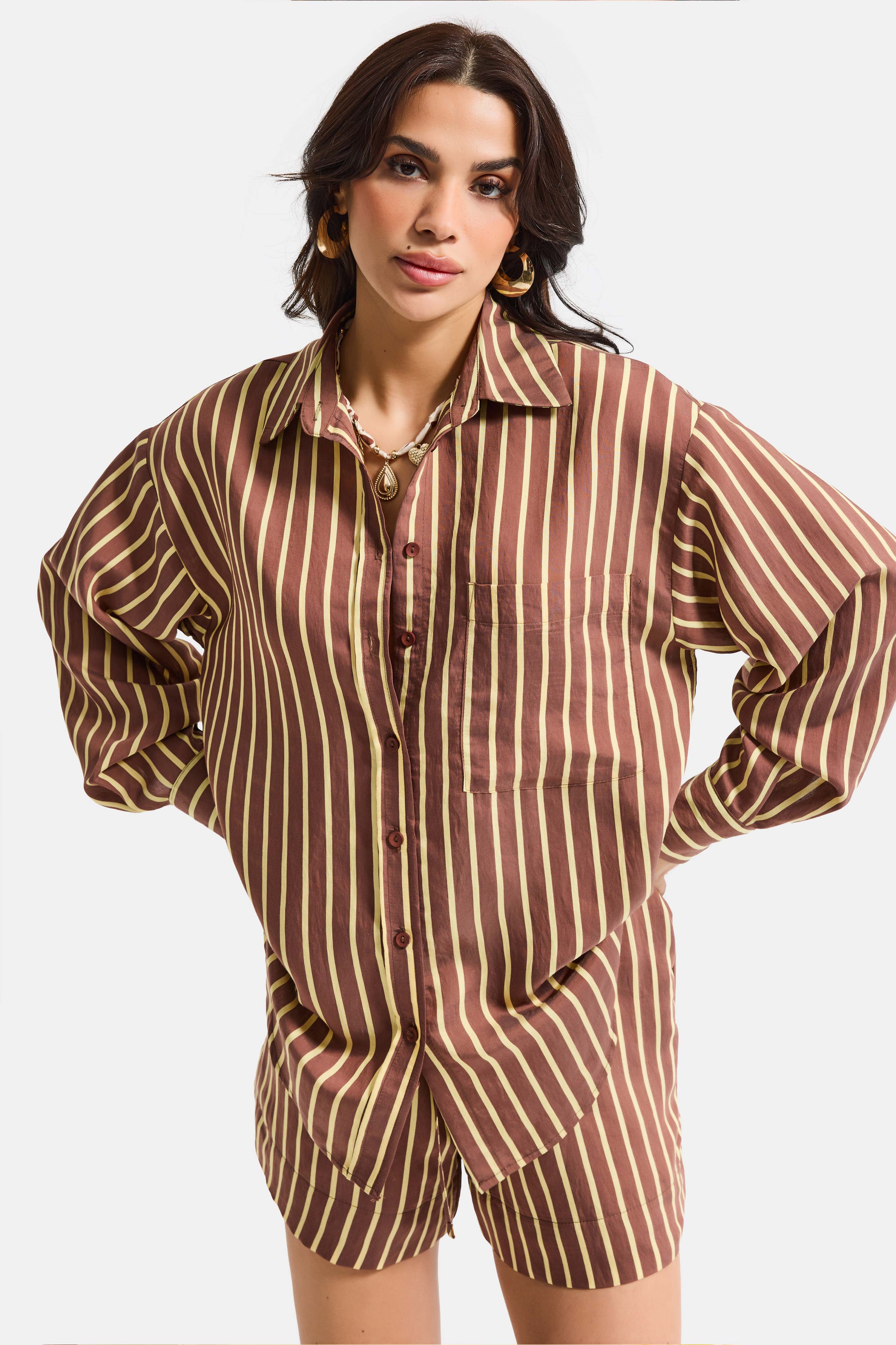 Kadın Kahve Çizgili s6-108 Oversize Rahat Kesim Gömlek