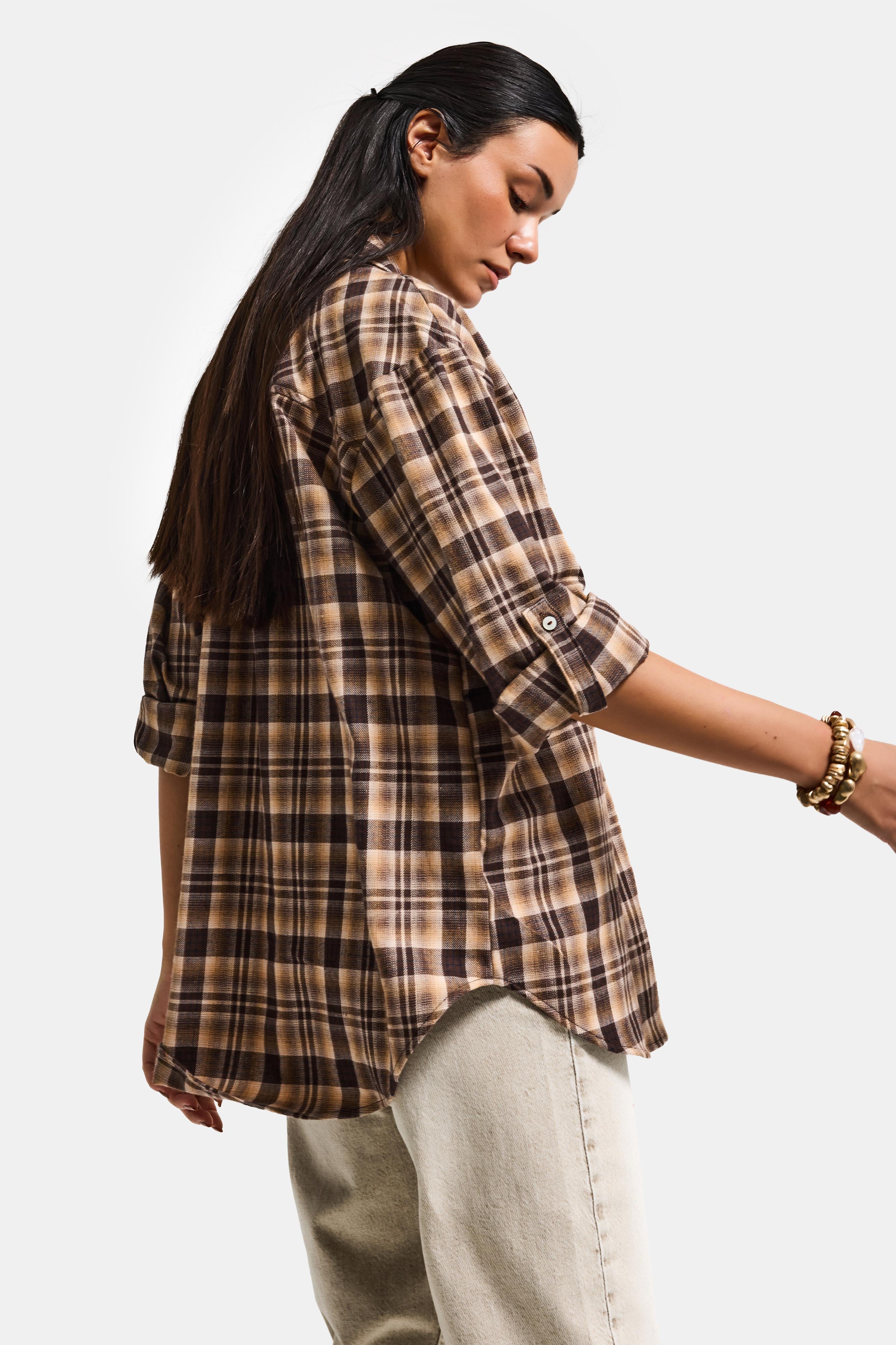 Kadın Kahve Ekose s6-10 Oversize Bol Kesim Pamuk Gömlek