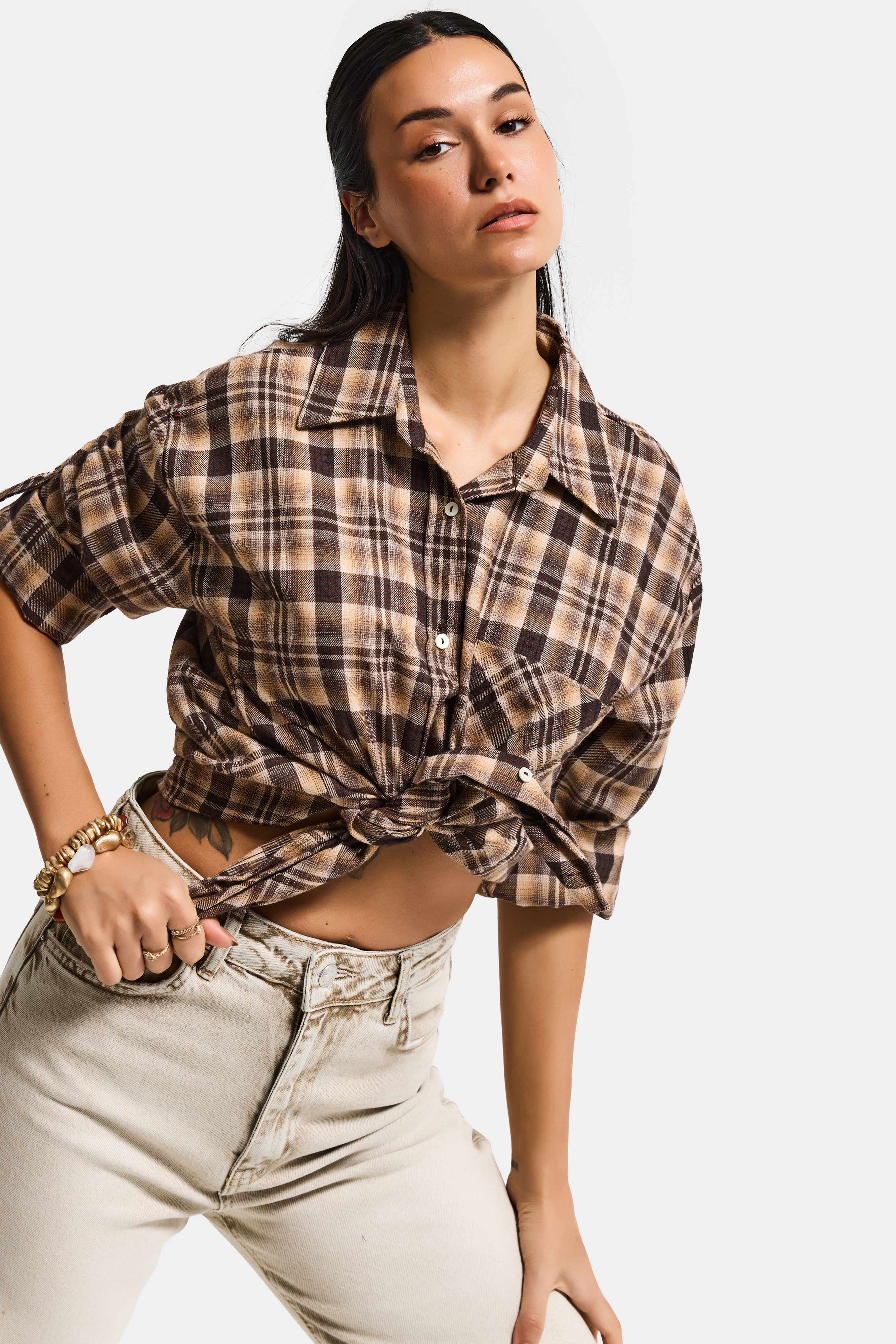 Kadın Kahve Ekose s6-10 Oversize Bol Kesim Pamuk Gömlek