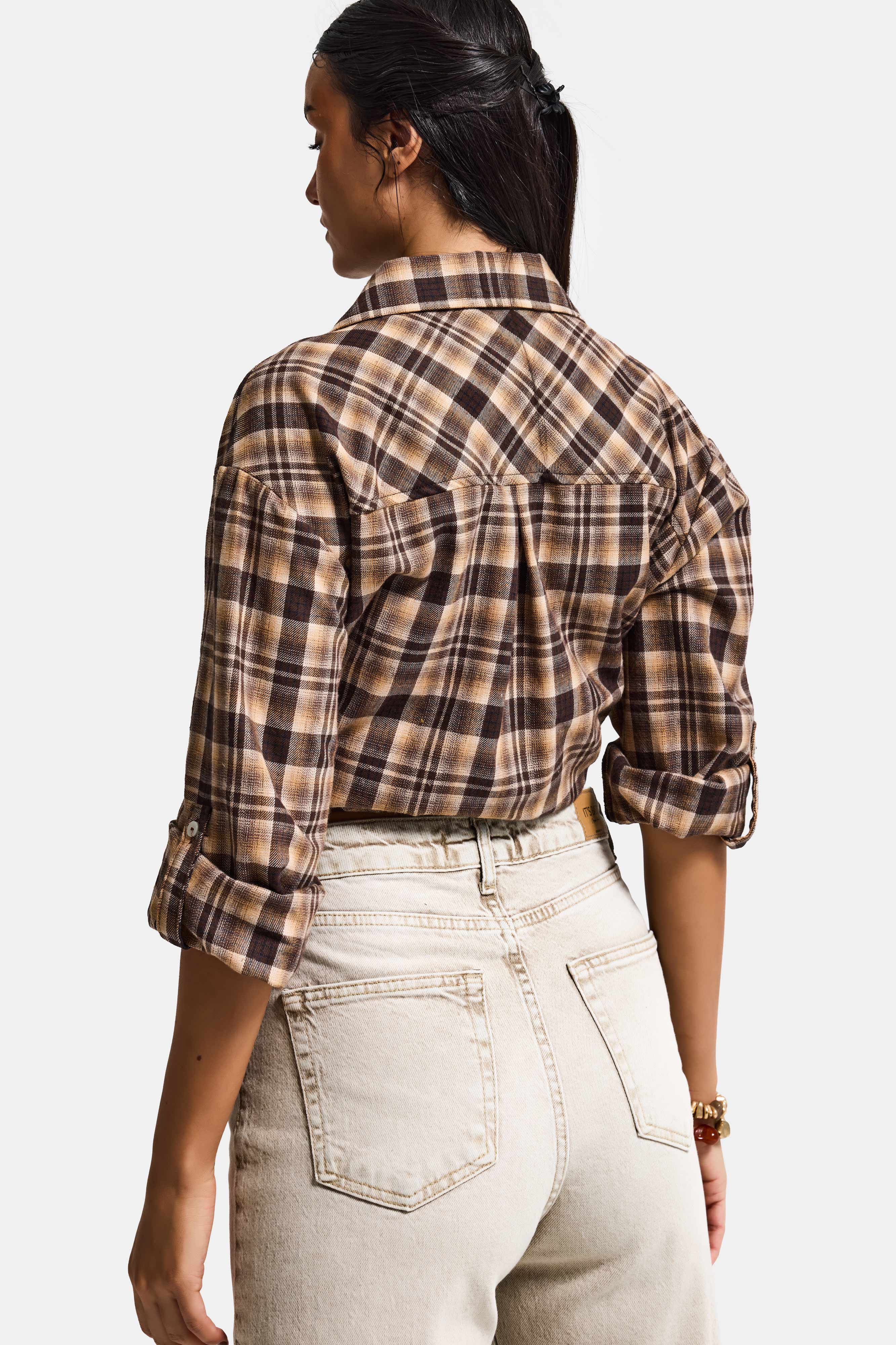 Kadın Kahve Ekose s6-10 Oversize Bol Kesim Pamuk Gömlek