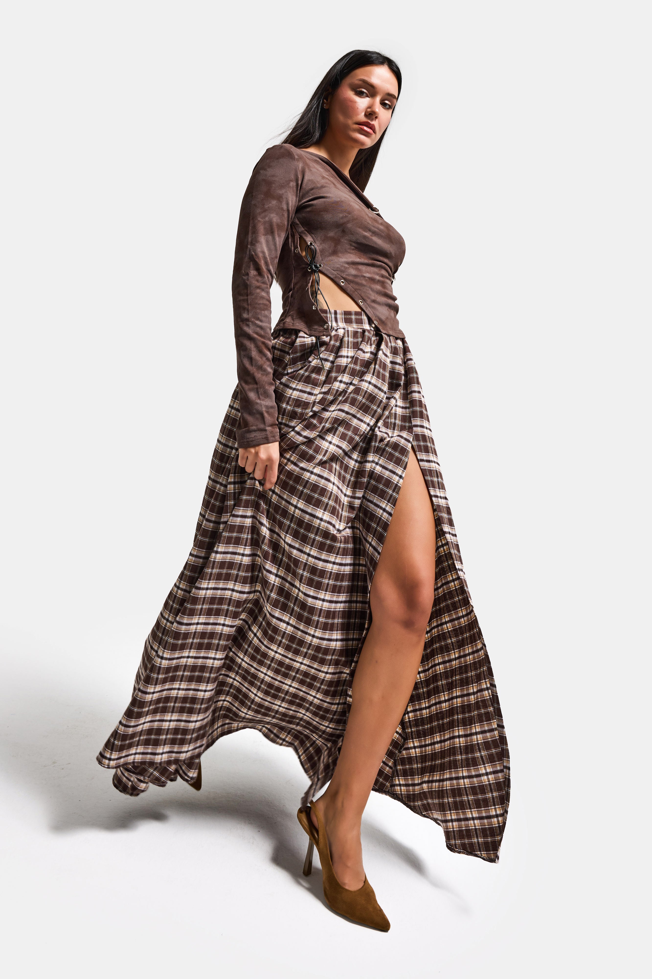 Kadın Kahve Ekose s6-14 Maxi Boy Yırtmaç Detaylı Pamuk Koton Etek