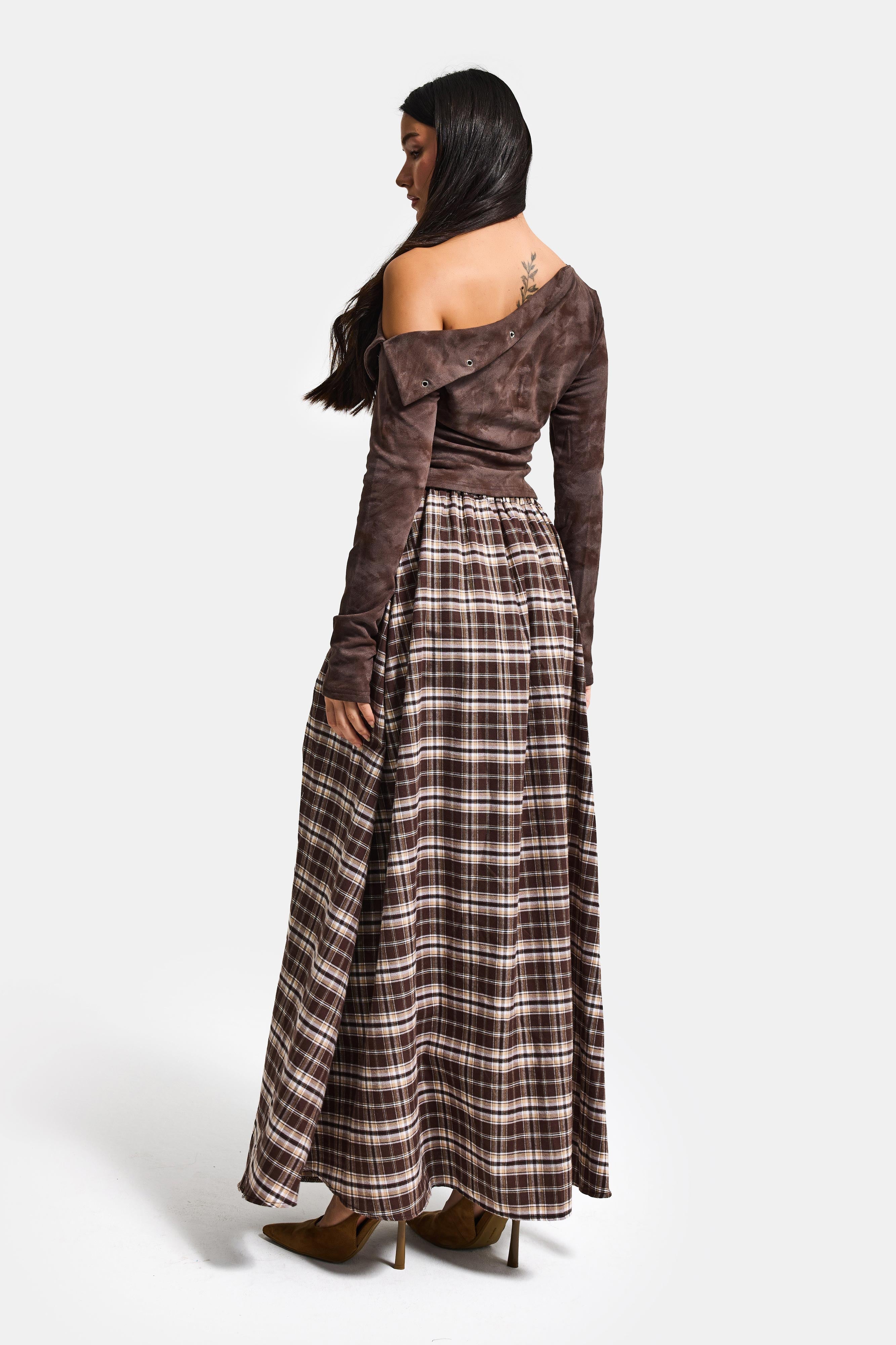 Kadın Kahve Ekose s6-14 Maxi Boy Yırtmaç Detaylı Pamuk Koton Etek