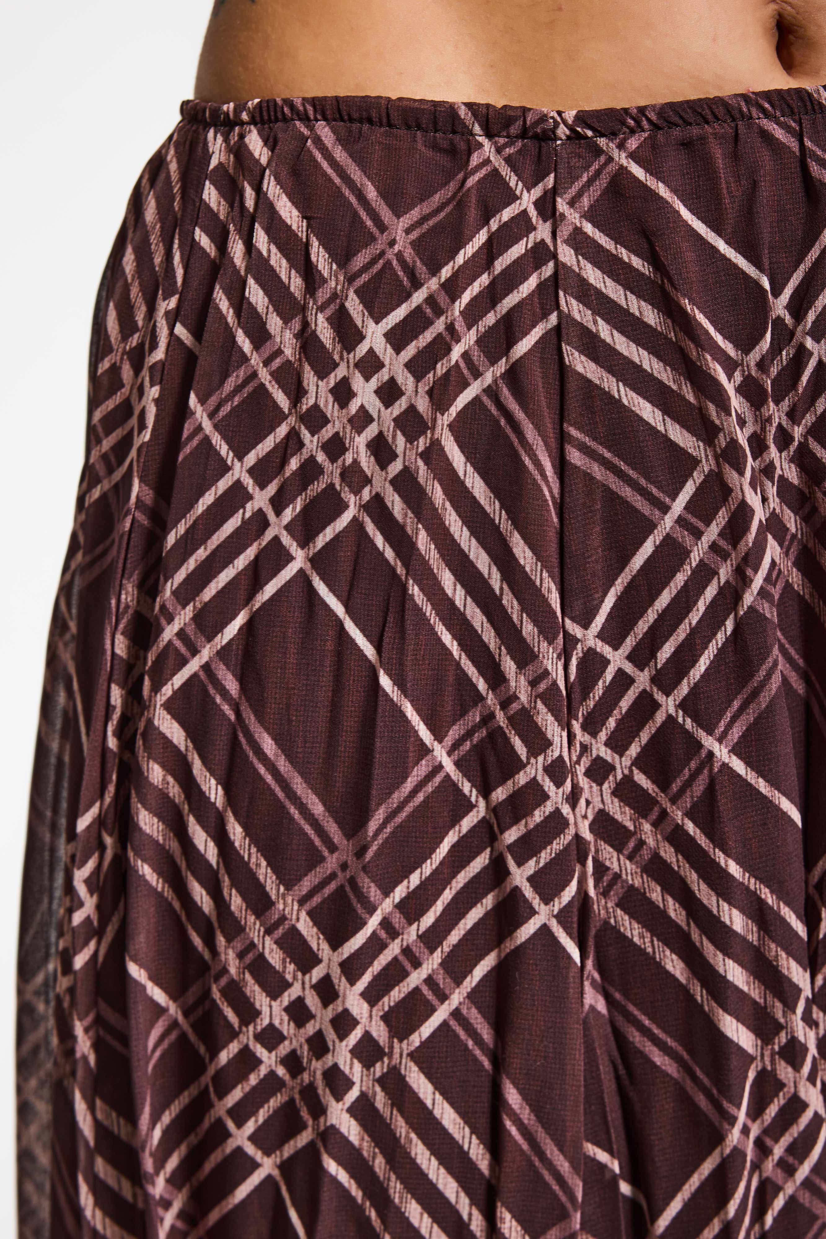 Kadın Kahve Ekose s6-6 Maxi Boy Saten Kumaş Etek