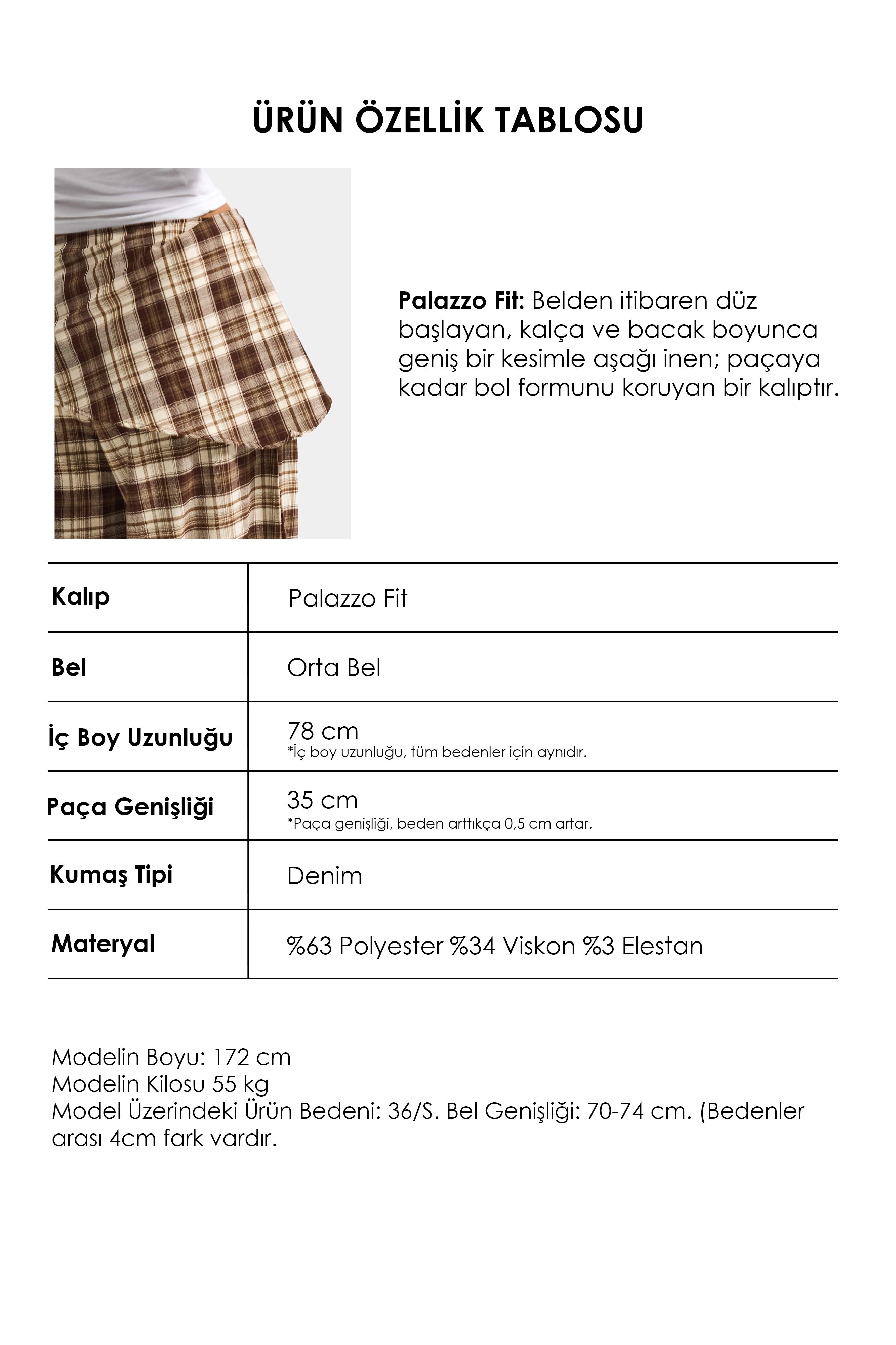 Kadın Kahve Ekose w6-16 Palazzo Fit Etek Detaylı Tasarım Pantolon