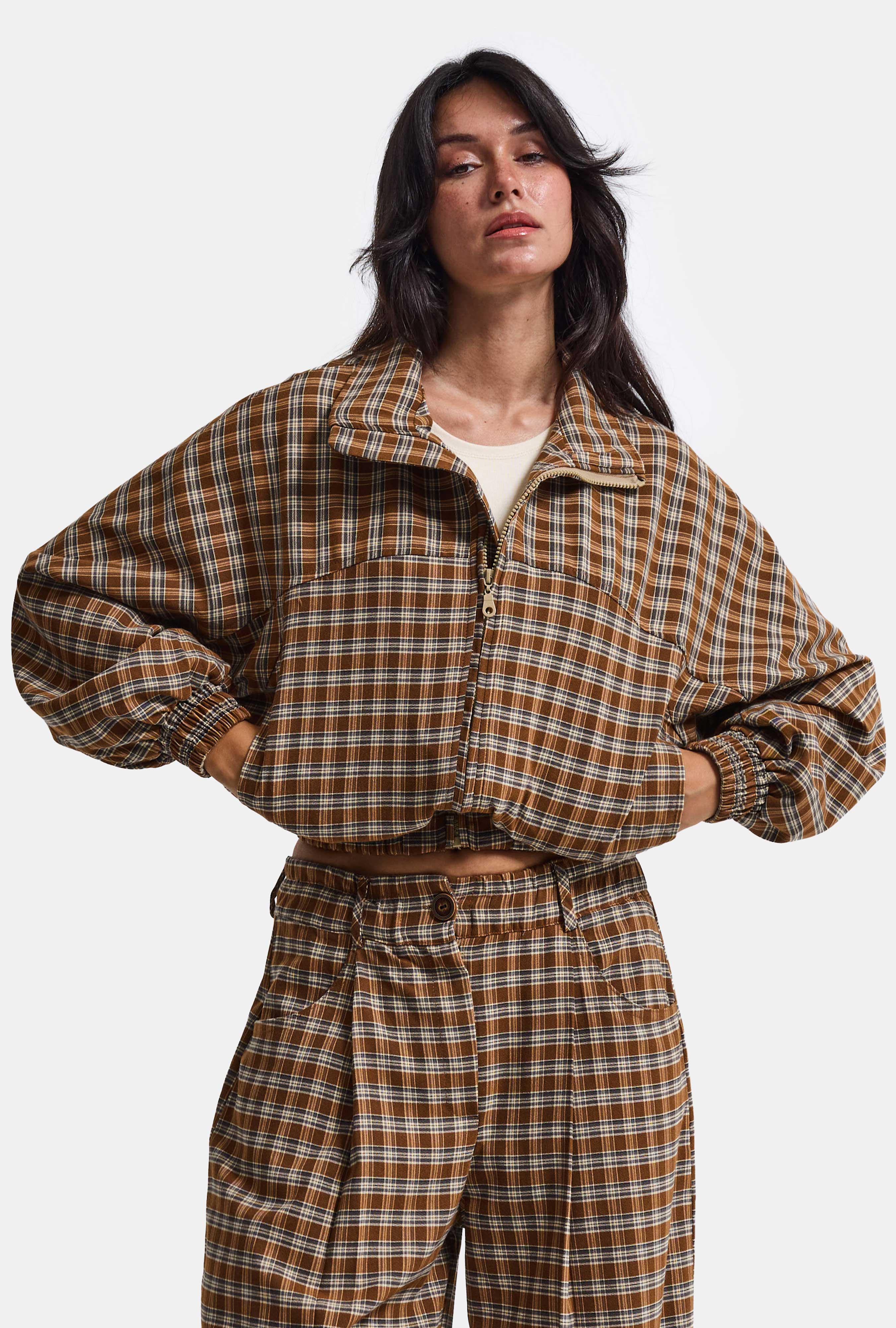 Kadın Kahve Ekose w6-32 Oversize Kemer Boy Tasarım Ceket