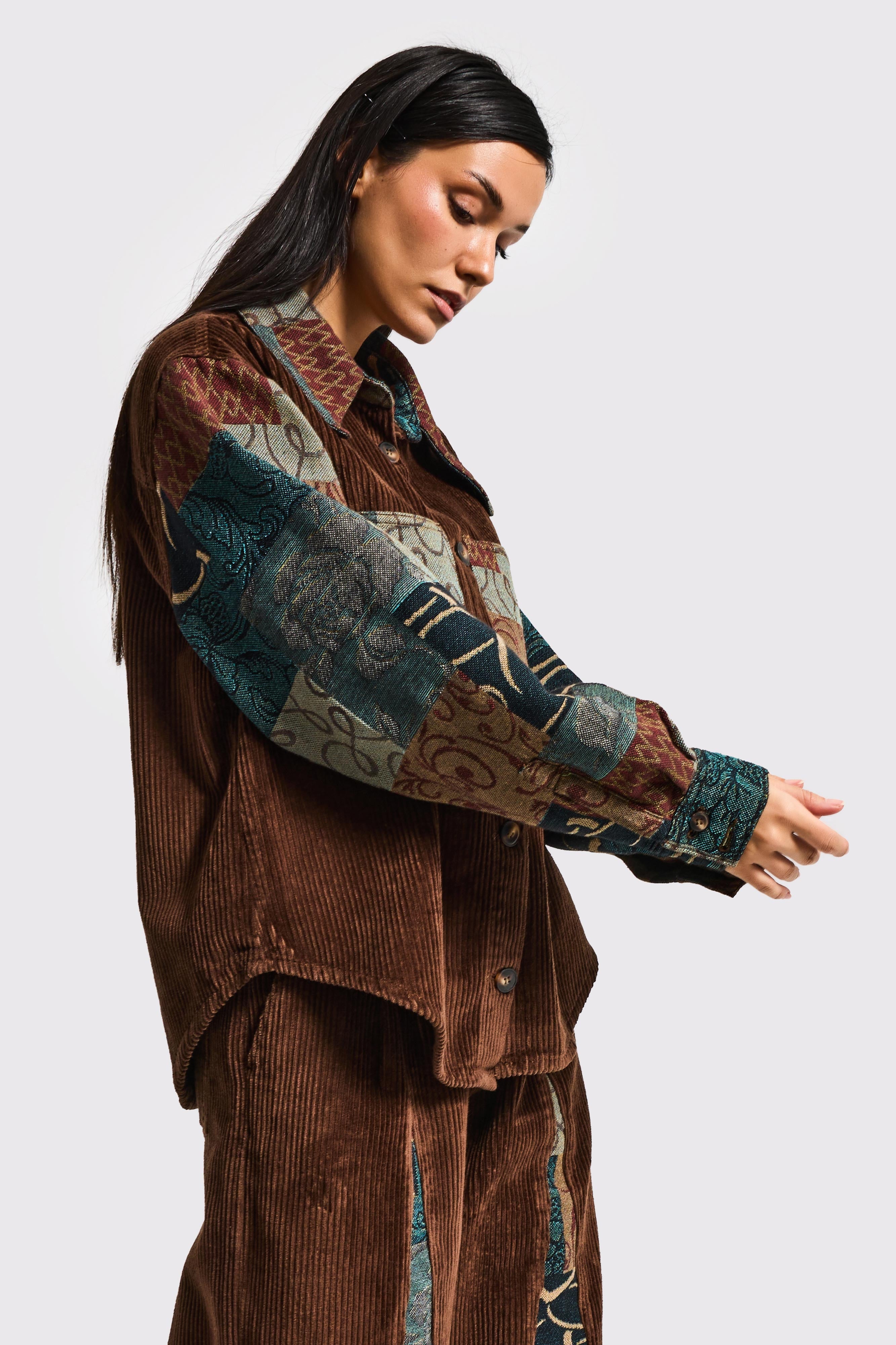 Kadın Kahve Etnik Desen 26w5-42 Oversize Fitilli Velvet Kadife Kumaş Tasarım Ceket