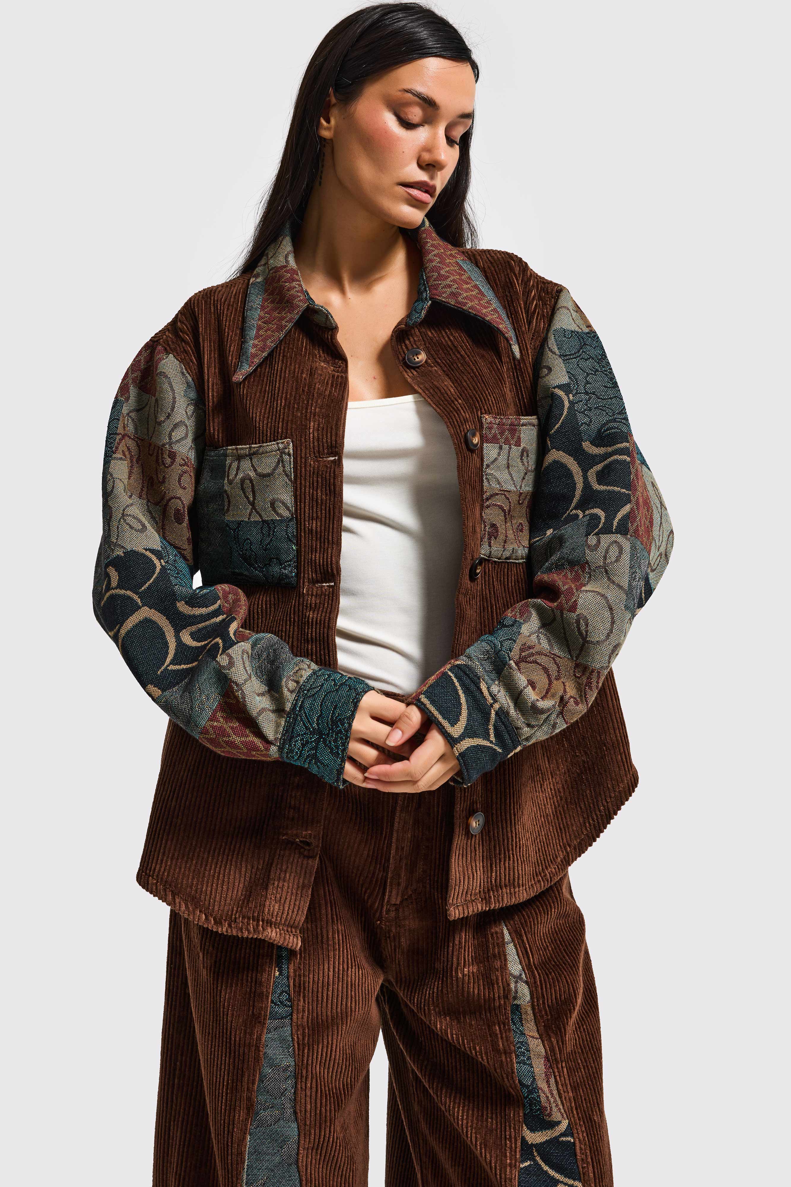 Kadın Kahve Etnik Desen 26w5-42 Oversize Fitilli Velvet Kadife Kumaş Tasarım Ceket