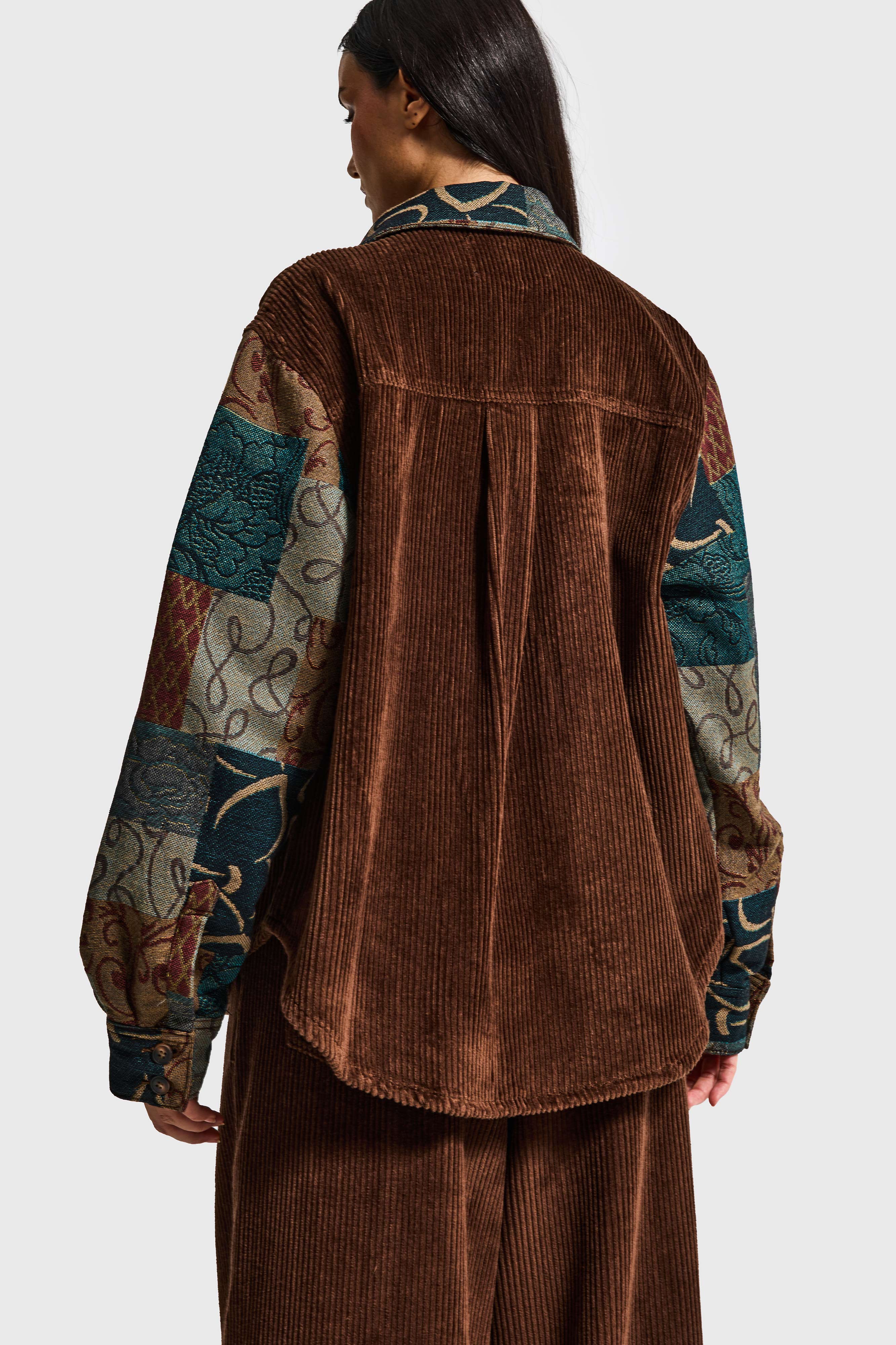 Kadın Kahve Etnik Desen 26w5-42 Oversize Fitilli Velvet Kadife Kumaş Tasarım Ceket