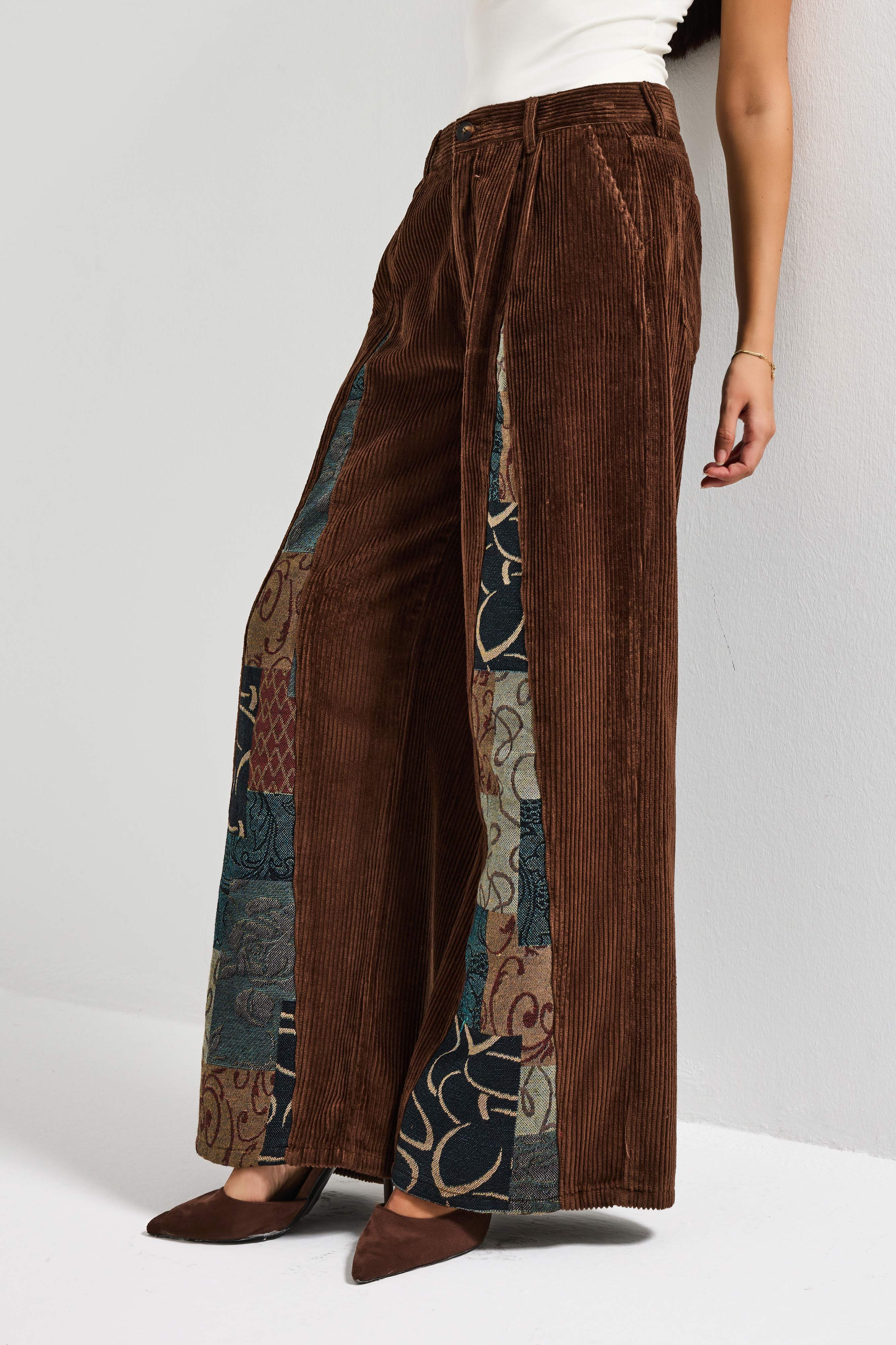 Kadın Kahve Etnik Desen 26w5-42 Palazzo Fit Özel Tasarım Velvet Kadife Kumaş Pantolon