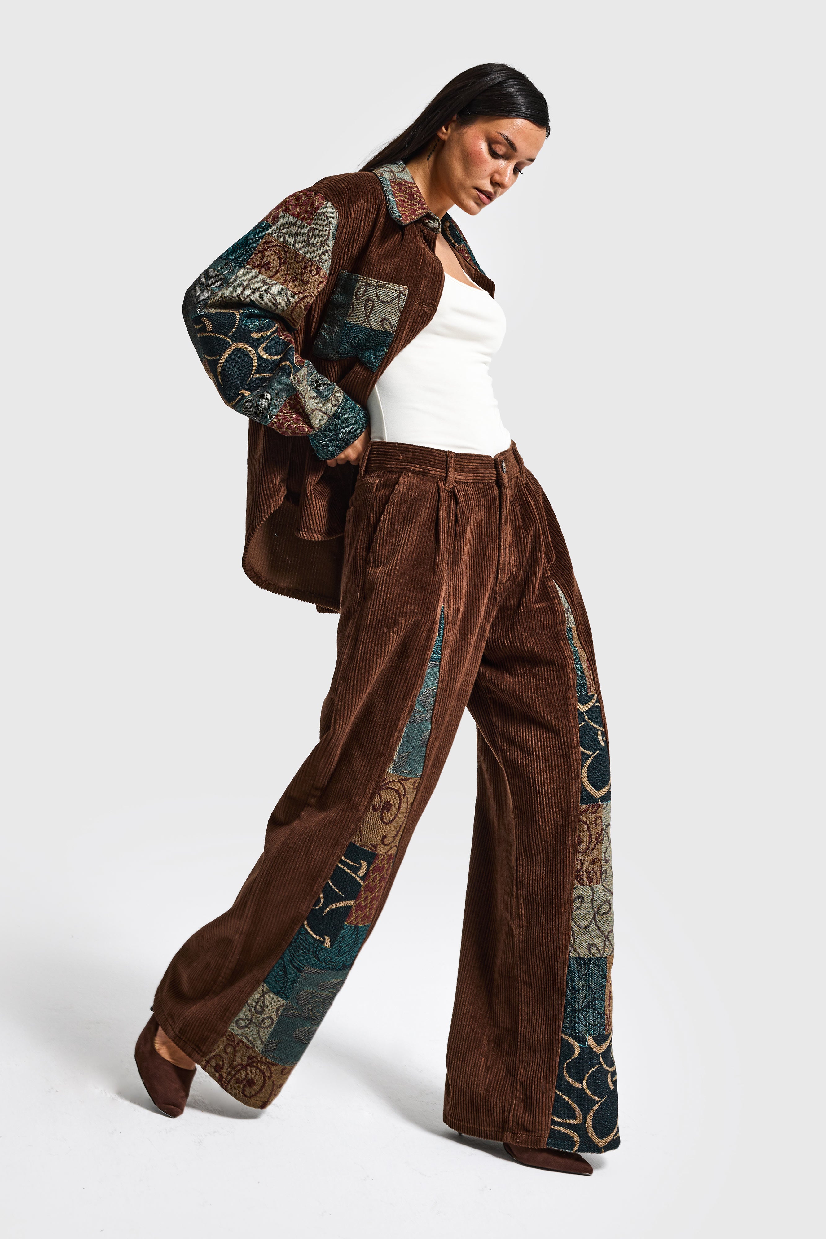 Kadın Kahve Etnik Desen 26w5-42 Palazzo Fit Özel Tasarım Velvet Kadife Kumaş Pantolon
