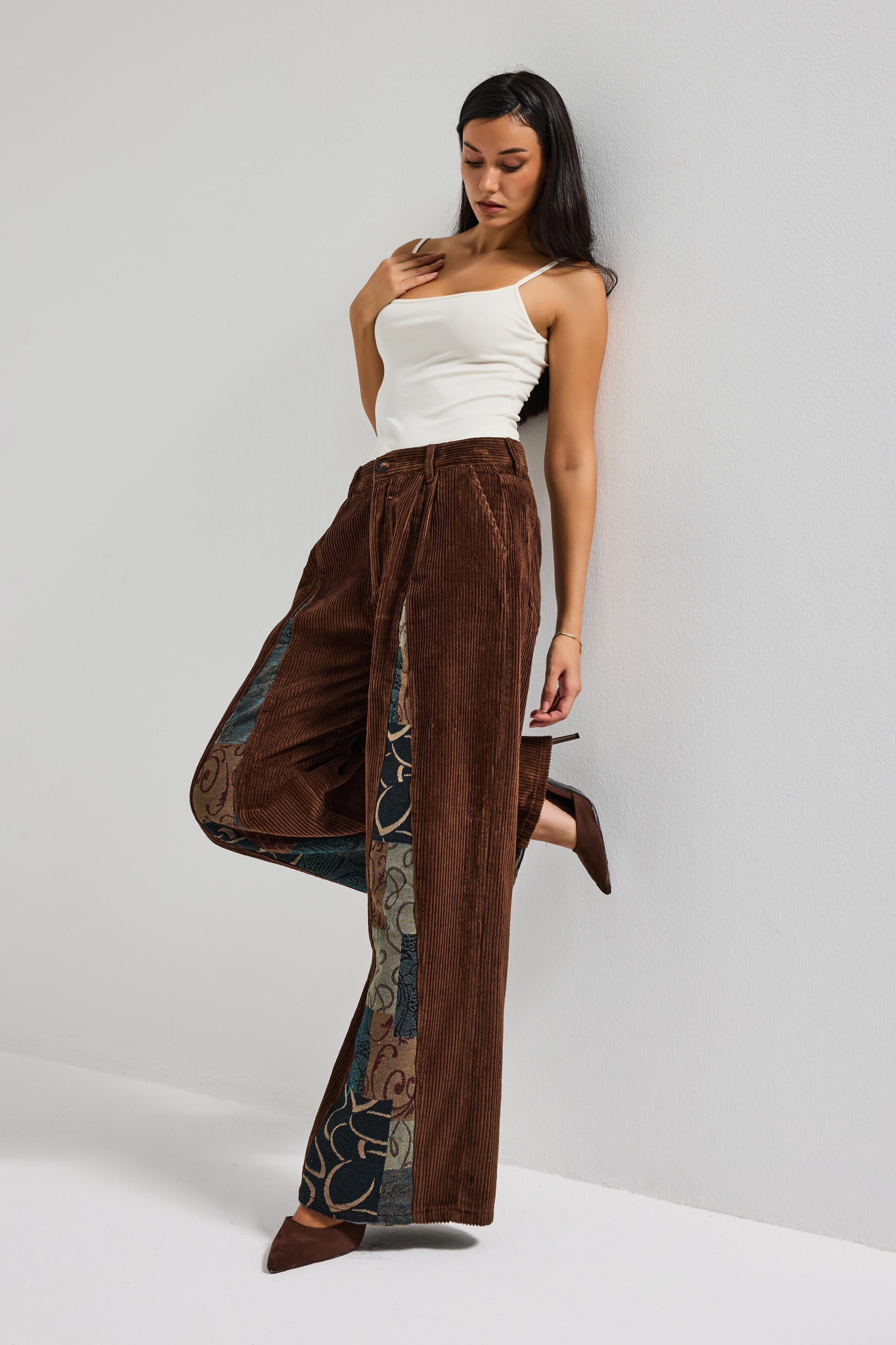 Kadın Kahve Etnik Desen 26w5-42 Palazzo Fit Özel Tasarım Velvet Kadife Kumaş Pantolon