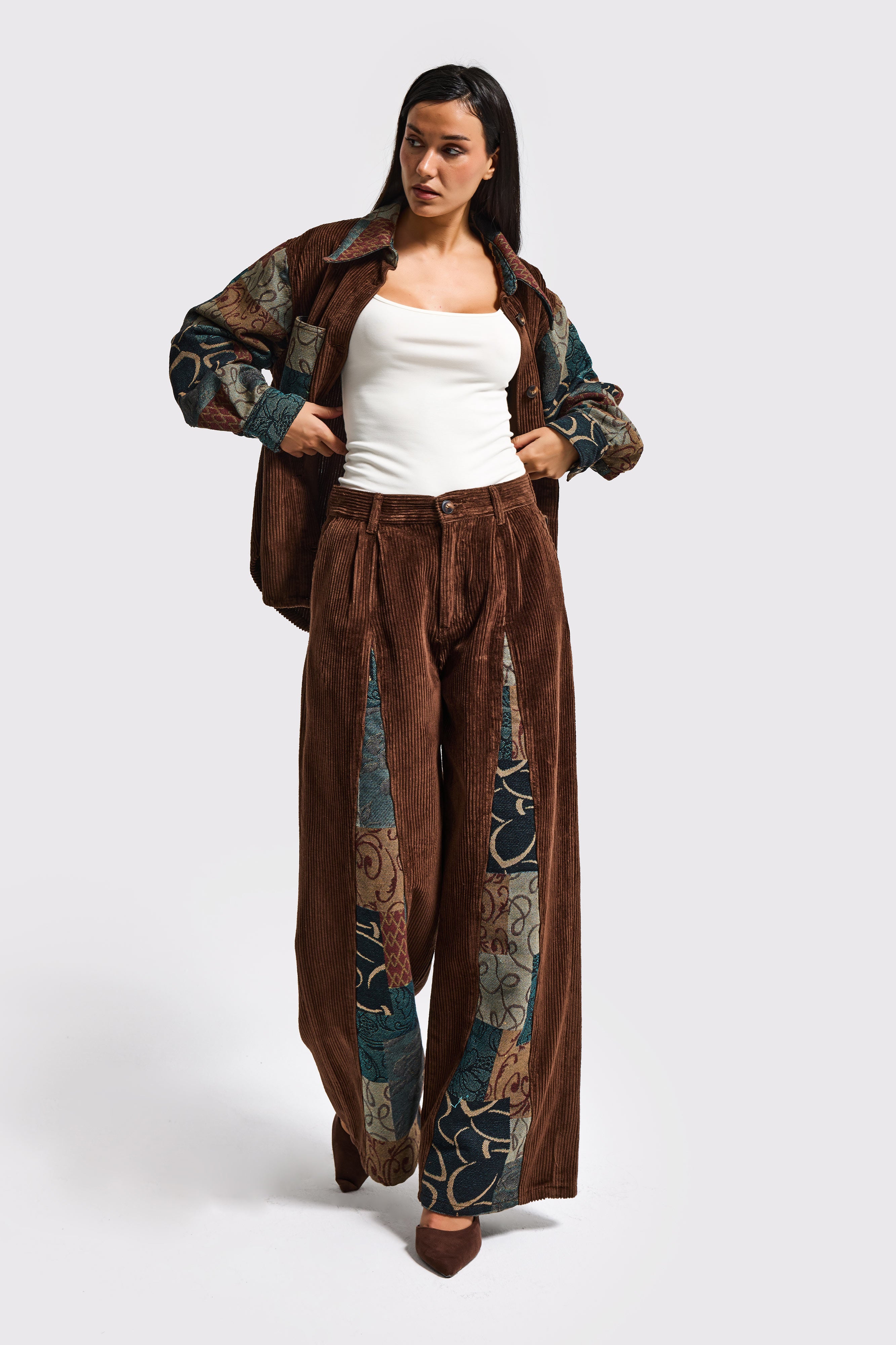 Kadın Kahve Etnik Desen 26w5-42 Palazzo Fit Özel Tasarım Velvet Kadife Kumaş Pantolon