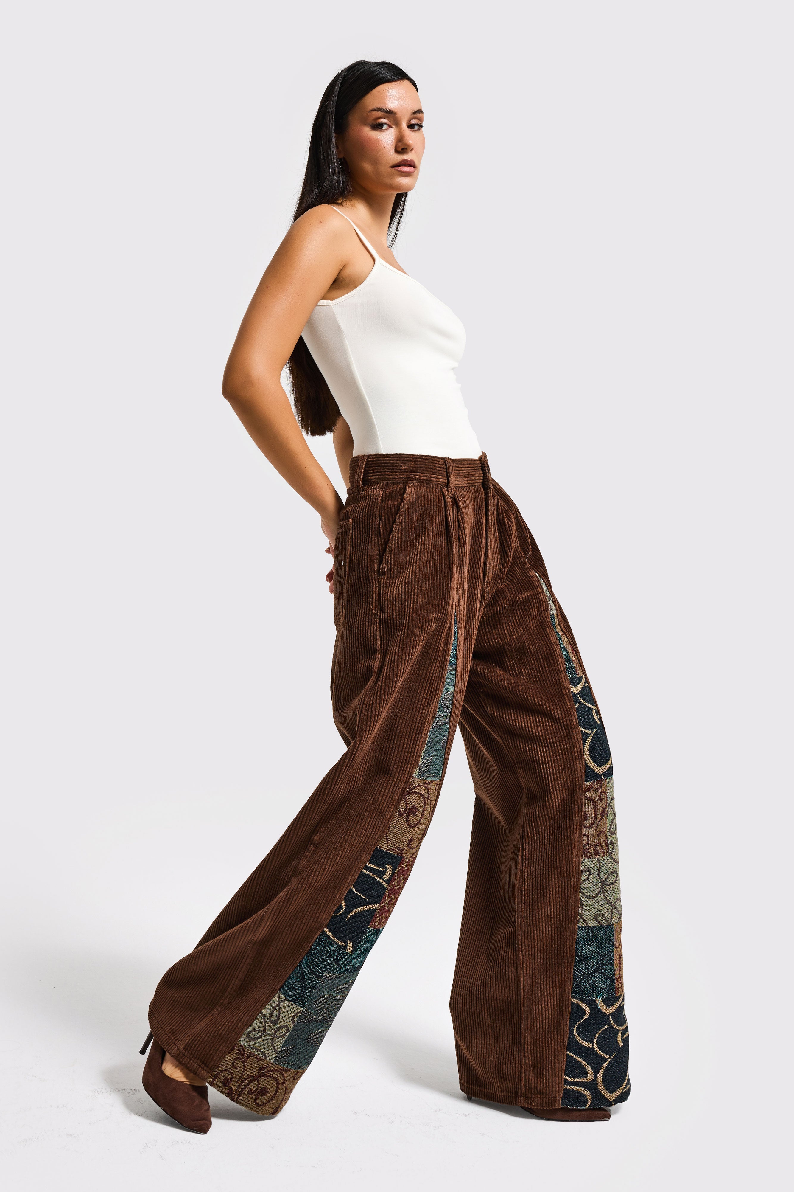 Kadın Kahve Etnik Desen 26w5-42 Palazzo Fit Özel Tasarım Velvet Kadife Kumaş Pantolon