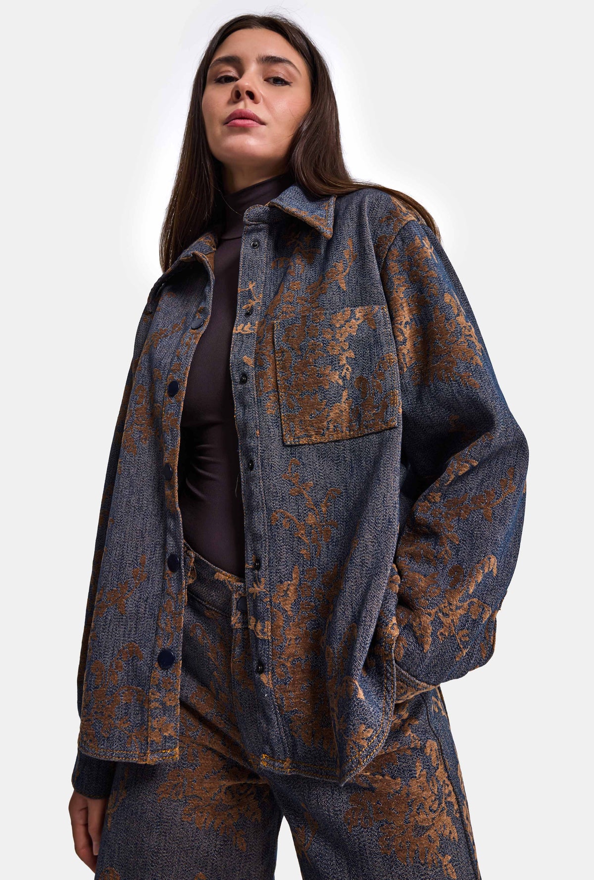 Kadın Kahve Kot 1w6-202 Oversize Özel Kumaş Tasarım Denim Ceket Gömlek