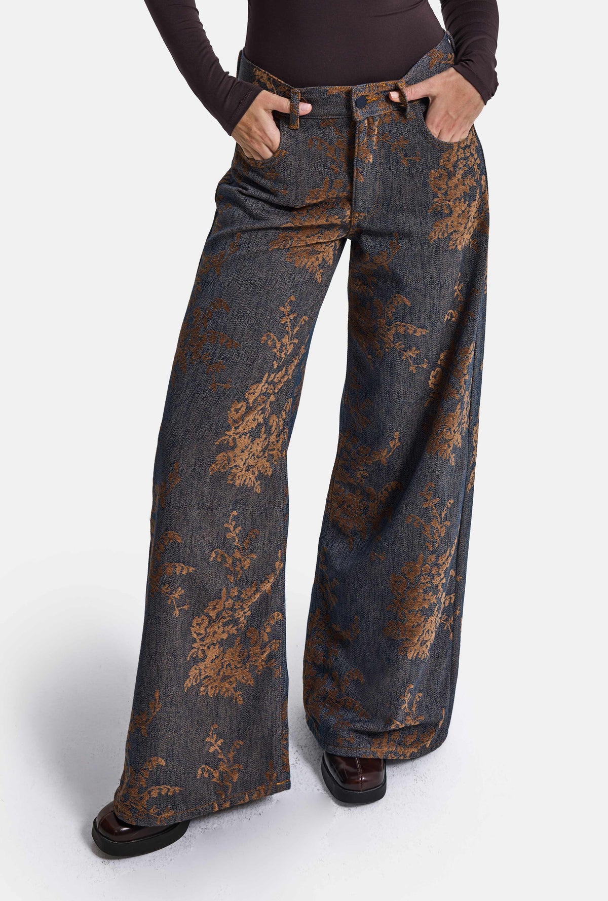 Kadın Kahve Kot 1w6-202 Palazzo Fit Özel Kumaş Tasarım Denim Jean
