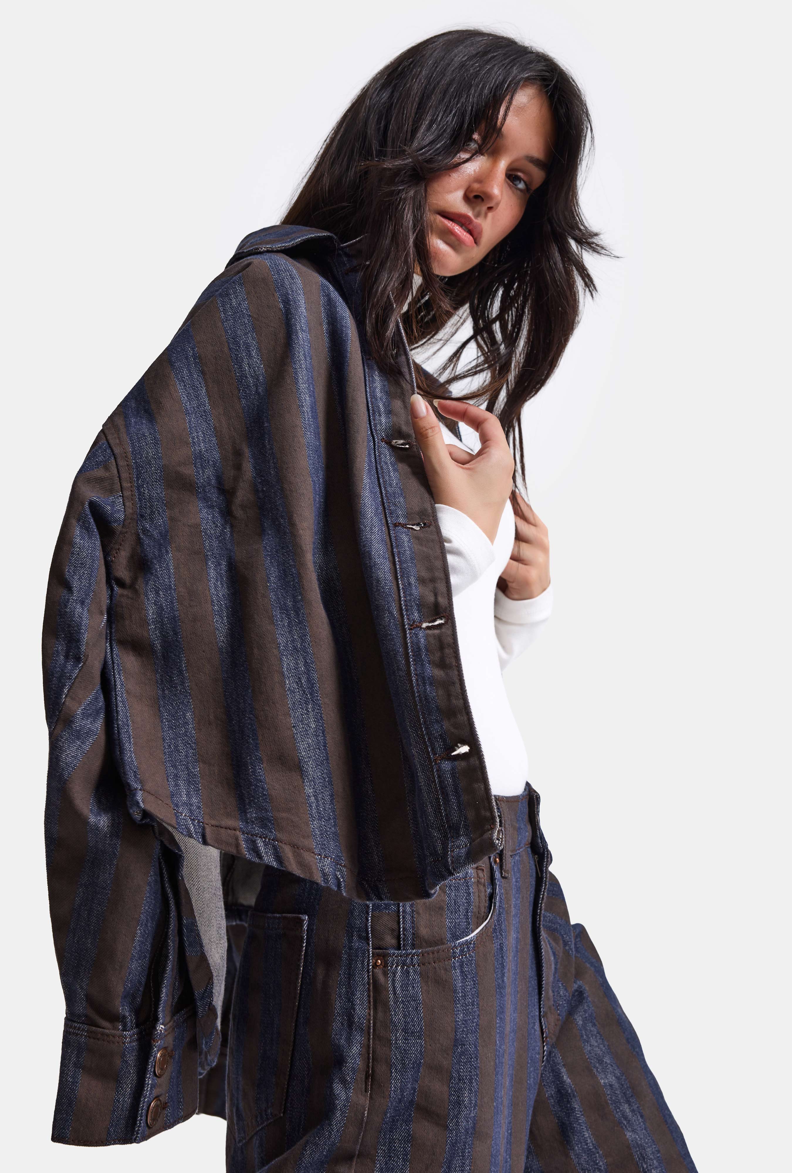 Kadın Kahve Kot Çizgili 1w6-7 Oversize Denim Ceket