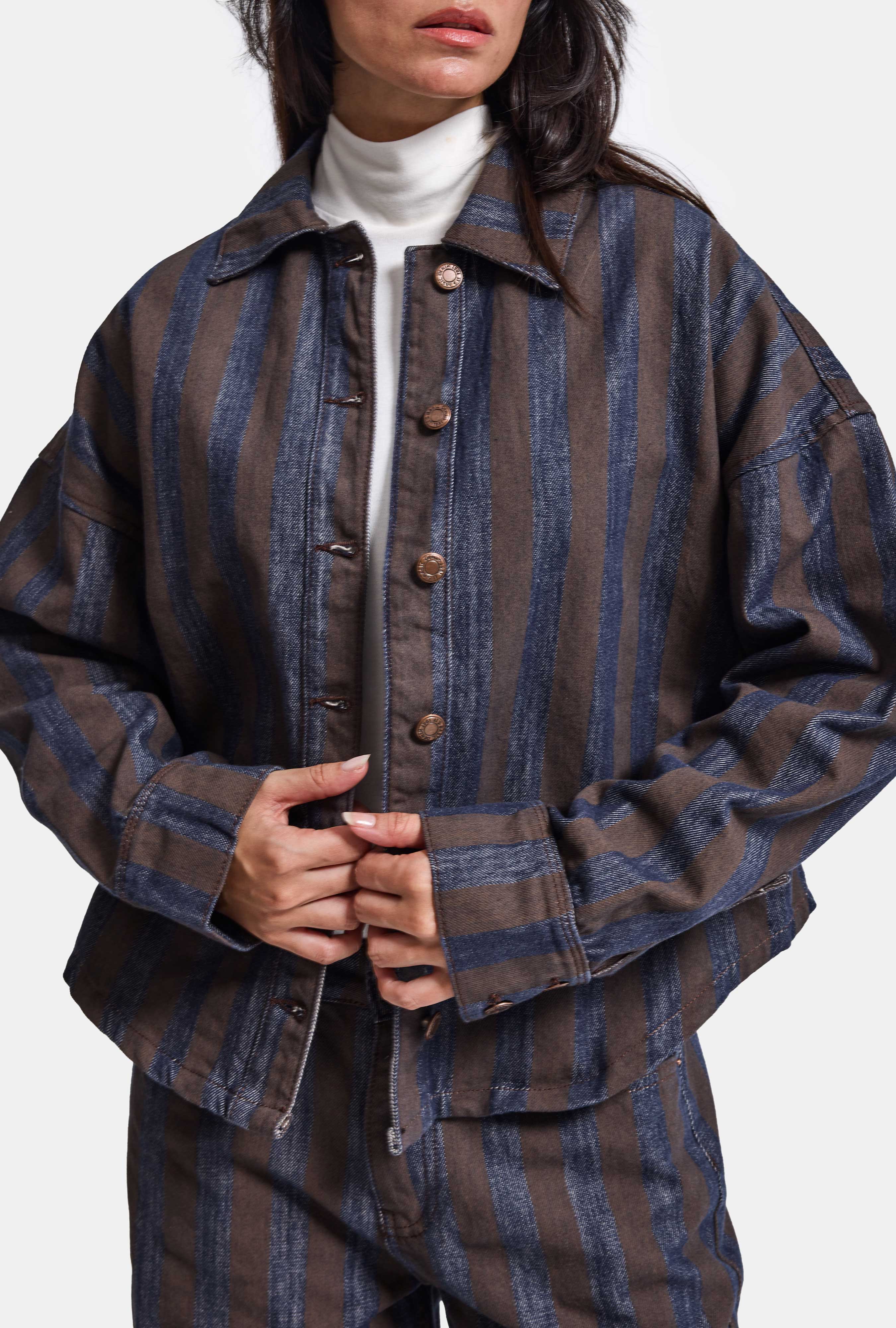 Kadın Kahve Kot Çizgili 1w6-7 Oversize Denim Ceket
