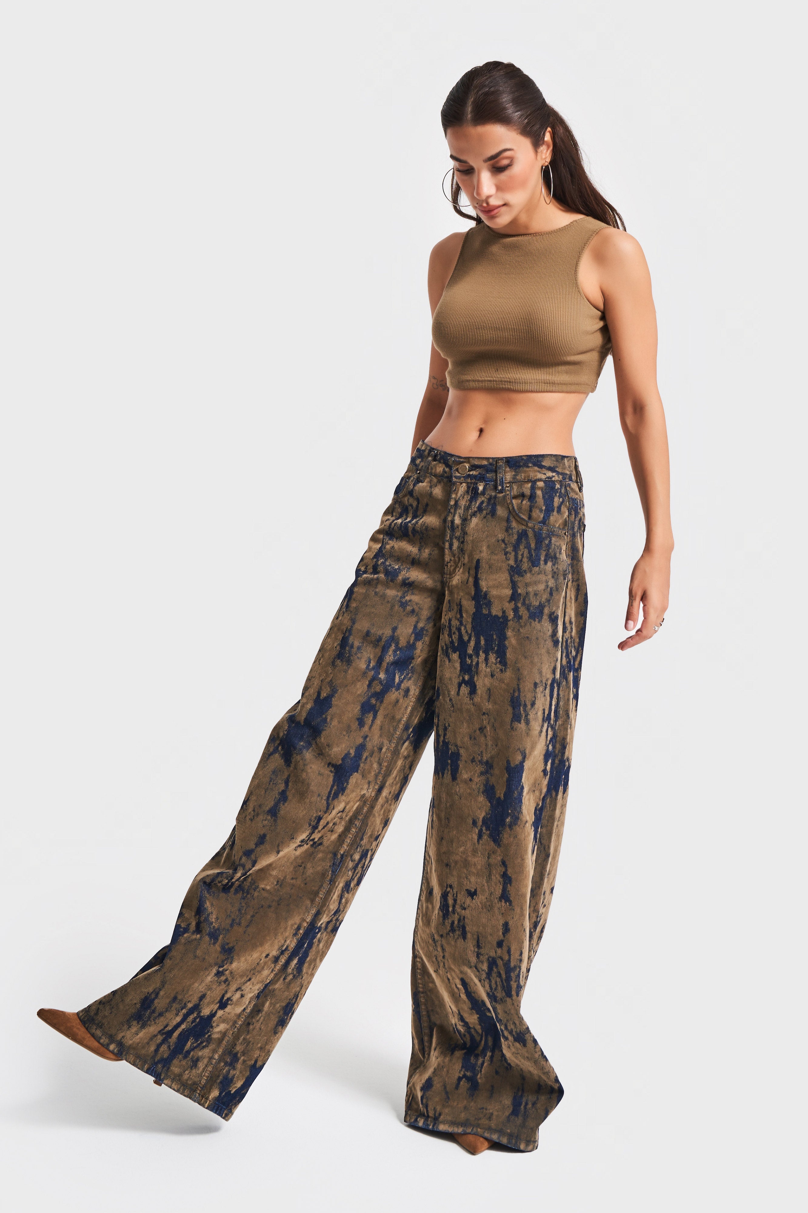 Kadın Kahve Kot Rengi 1w5-15 Palazzo Fit Özel Kumaş Tasarım Denim Jean