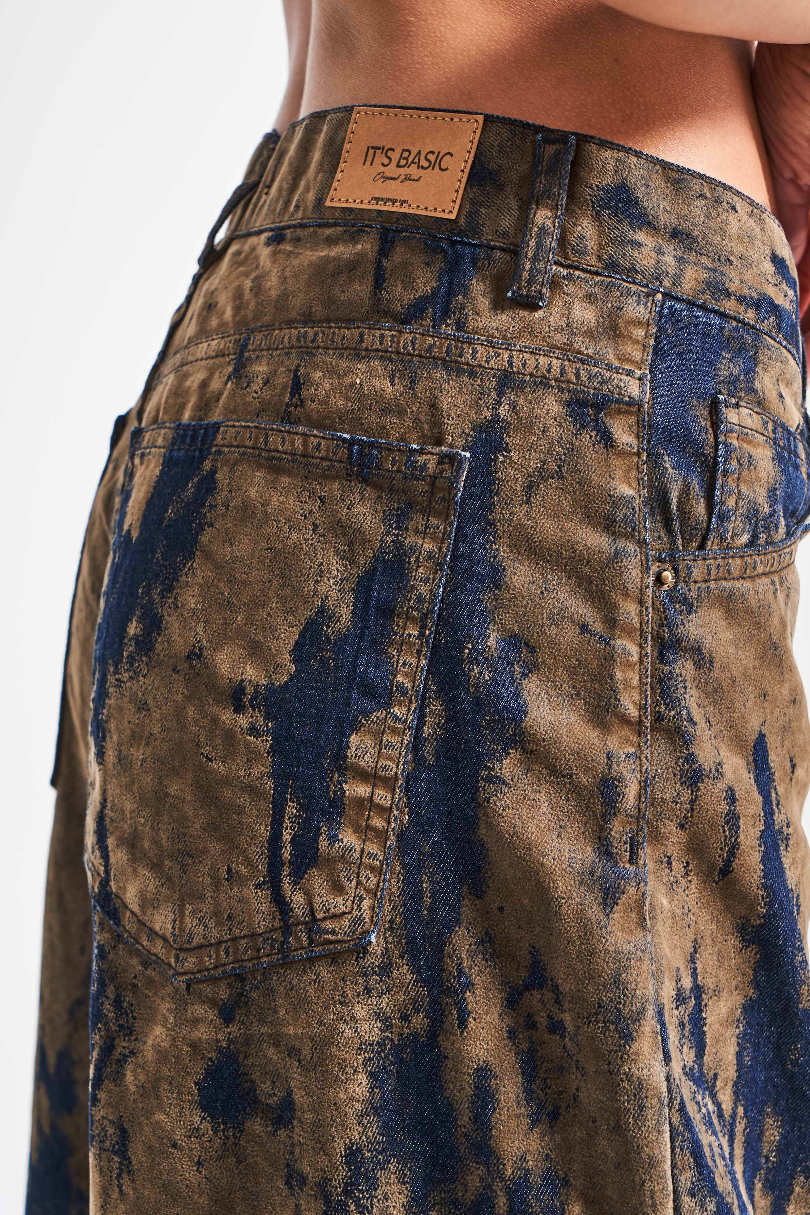 Kadın Kahve Kot Rengi 1w5-15 Palazzo Fit Özel Kumaş Tasarım Denim Jean