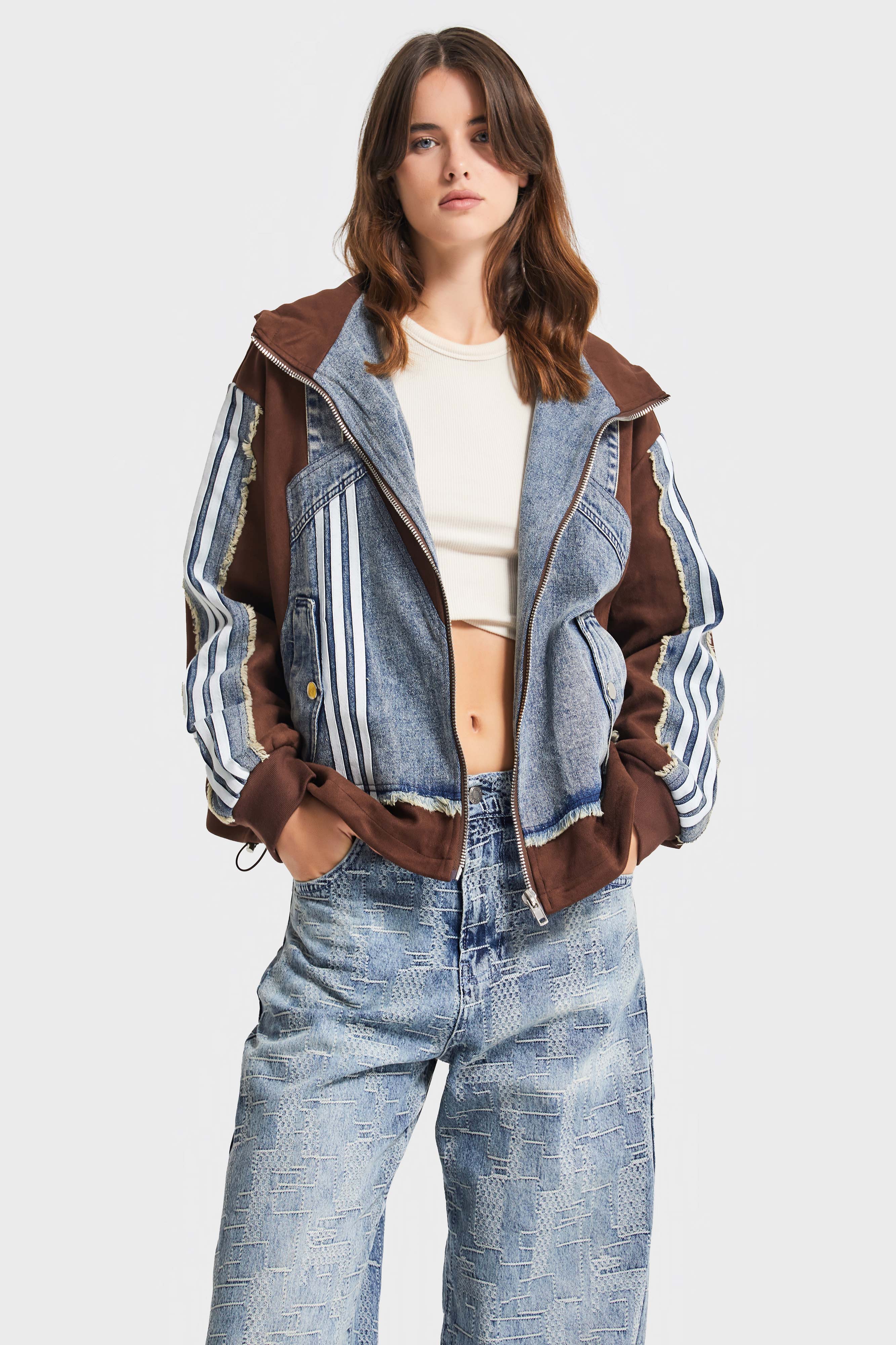 Kadın Kahve Kot Rengi Çift Parça Şerit Detaylı Özel Tasarım Denim Ceket