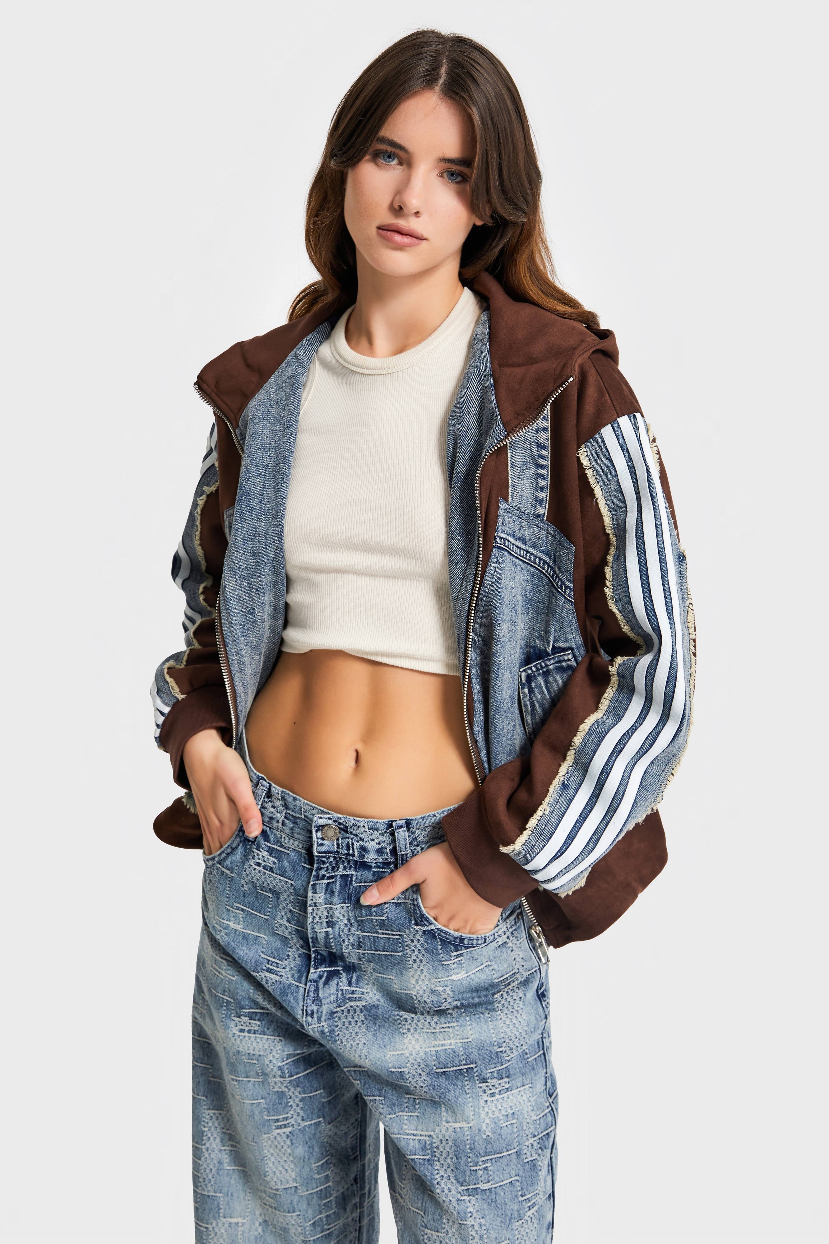 Kadın Kahve Kot Rengi Çift Parça Şerit Detaylı Özel Tasarım Denim Ceket