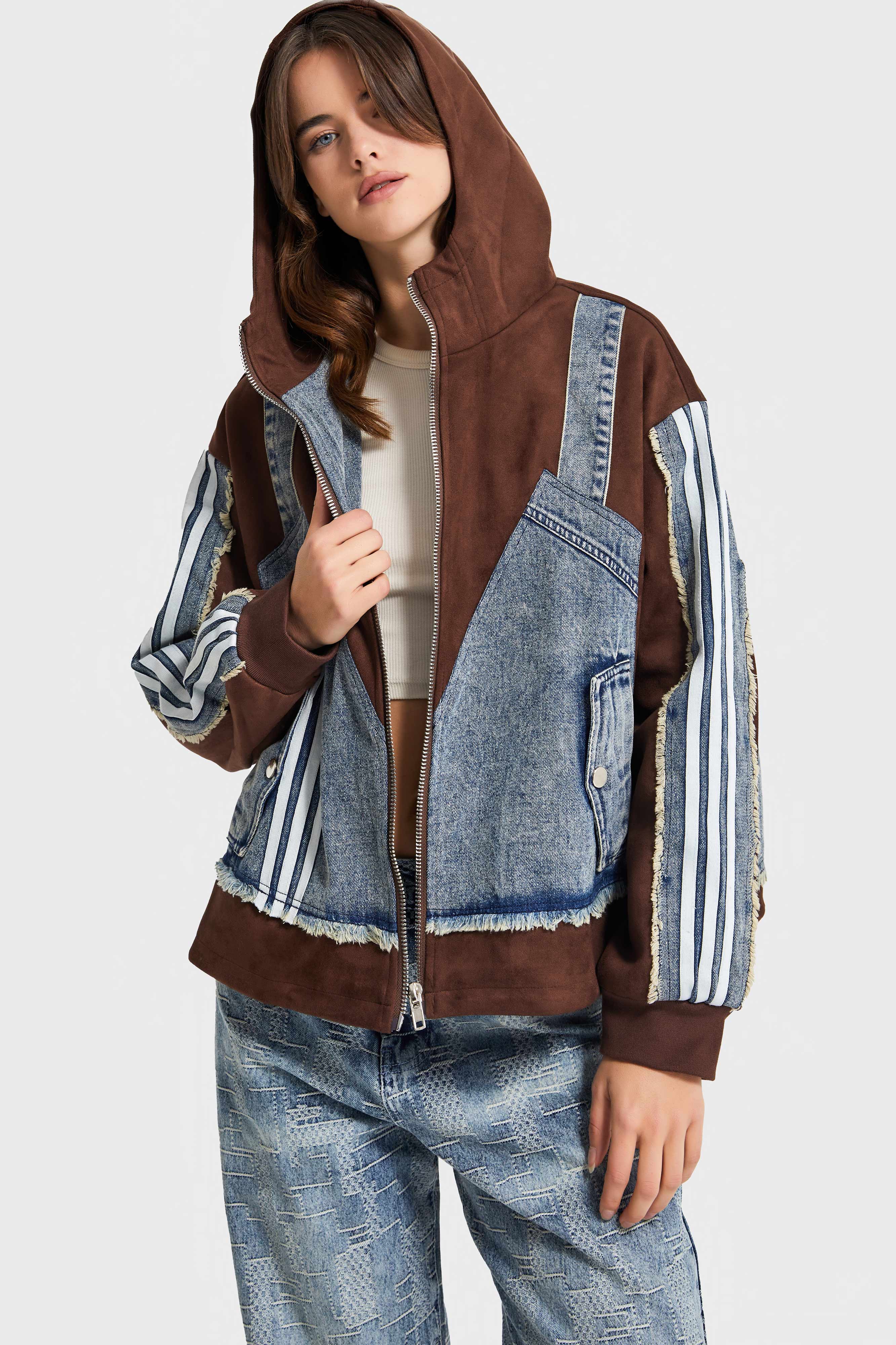 Kadın Kahve Kot Rengi Çift Parça Şerit Detaylı Özel Tasarım Denim Ceket