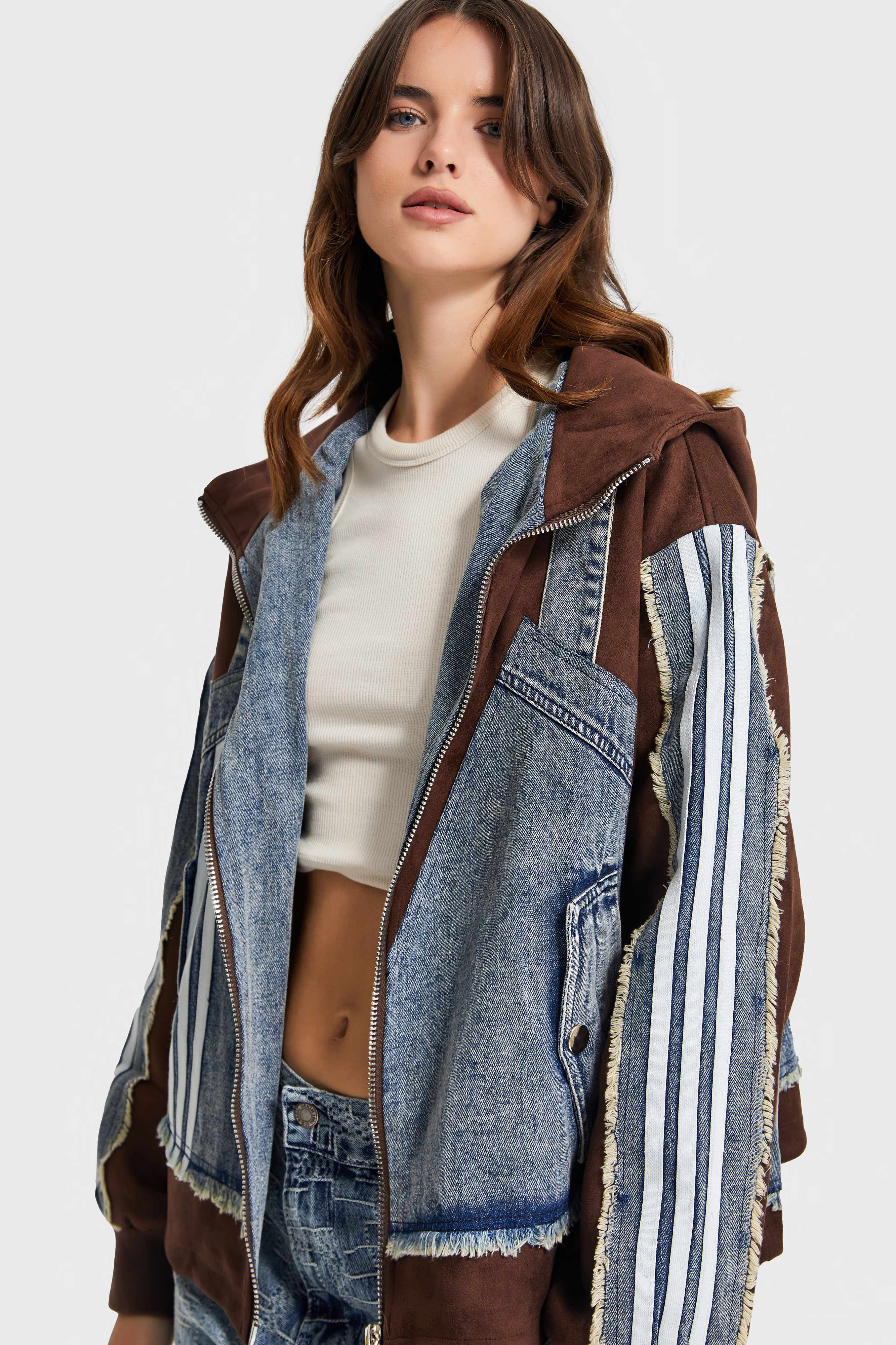 Kadın Kahve Kot Rengi Çift Parça Şerit Detaylı Özel Tasarım Denim Ceket