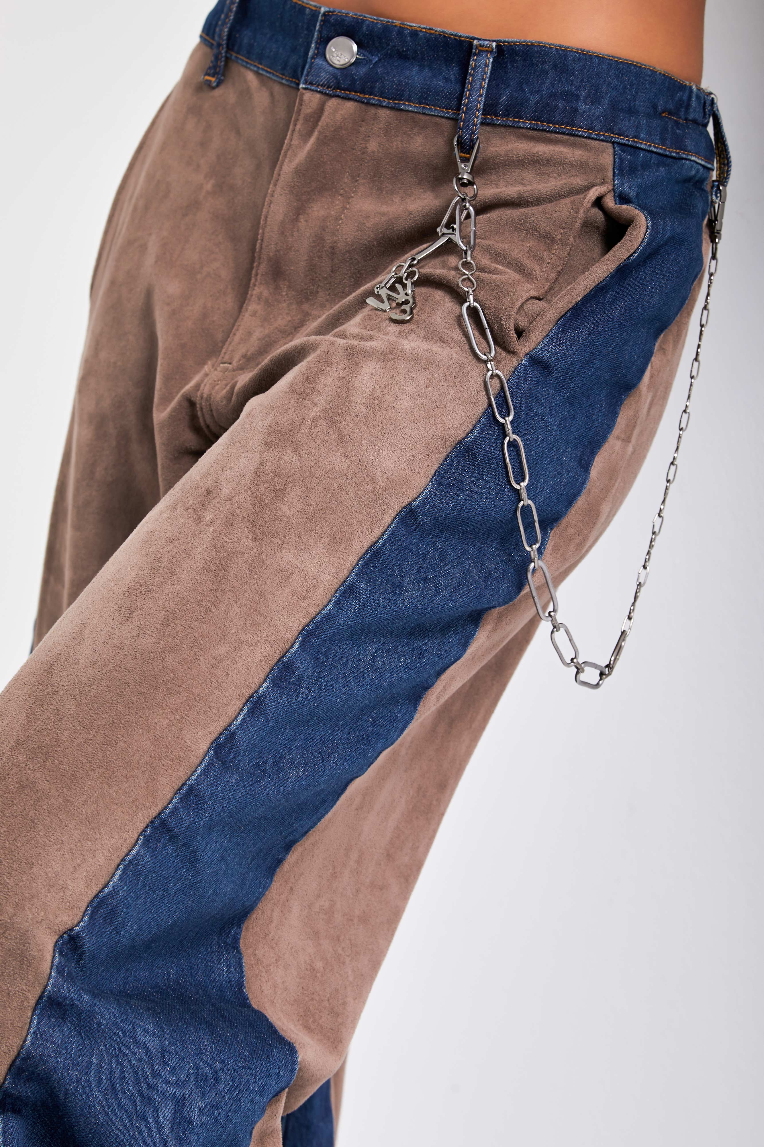 Kadın Kahve Kot Rengi Süet Denim Parçalı Bol Kesim Özel Tasarım Denim Pantolon
