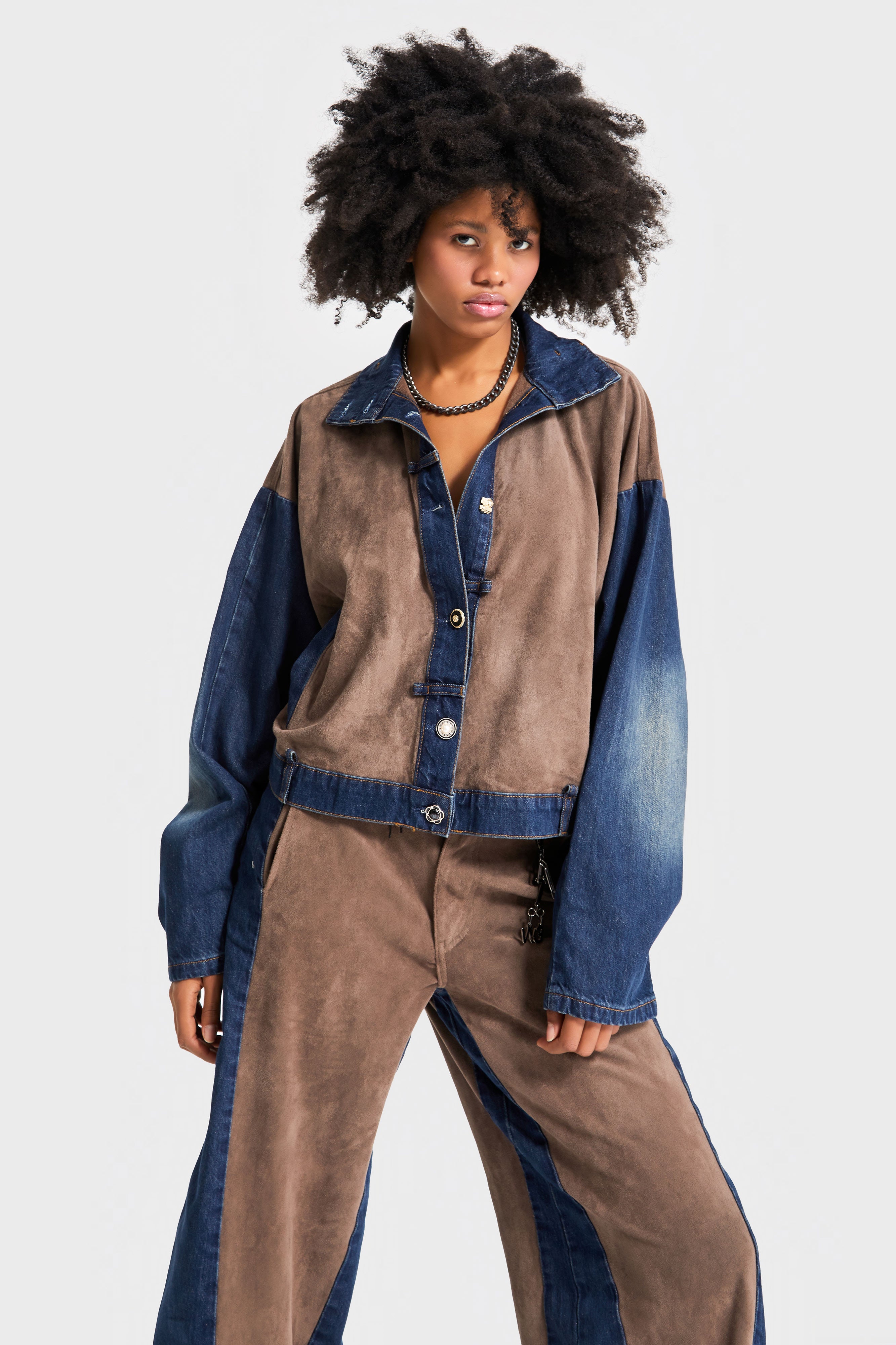 Kadın Kahve Kot Rengi Süet Denim Parçalı Özel Tasarım Denim Ceket