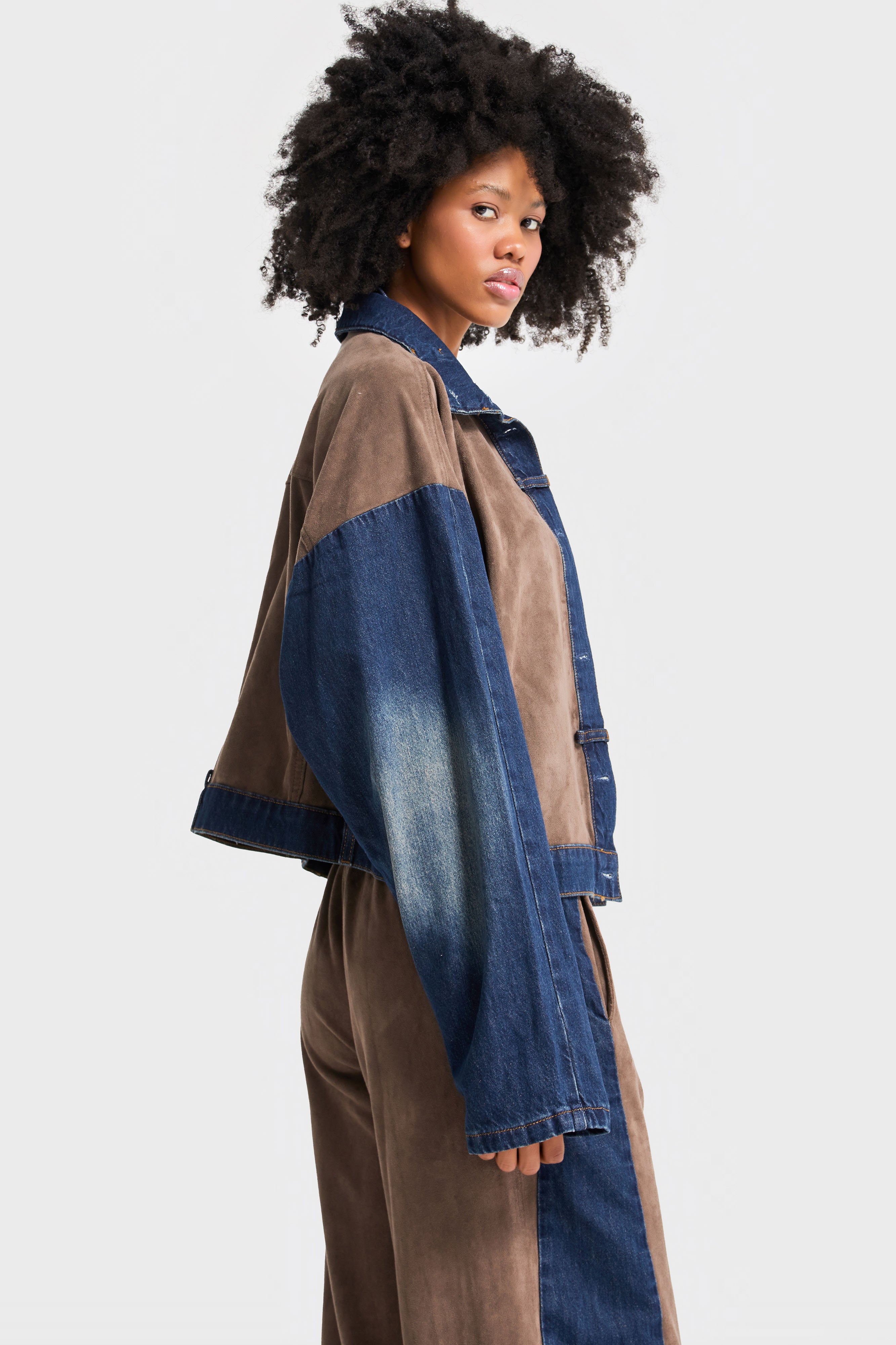 Kadın Kahve Kot Rengi Süet Denim Parçalı Özel Tasarım Denim Ceket