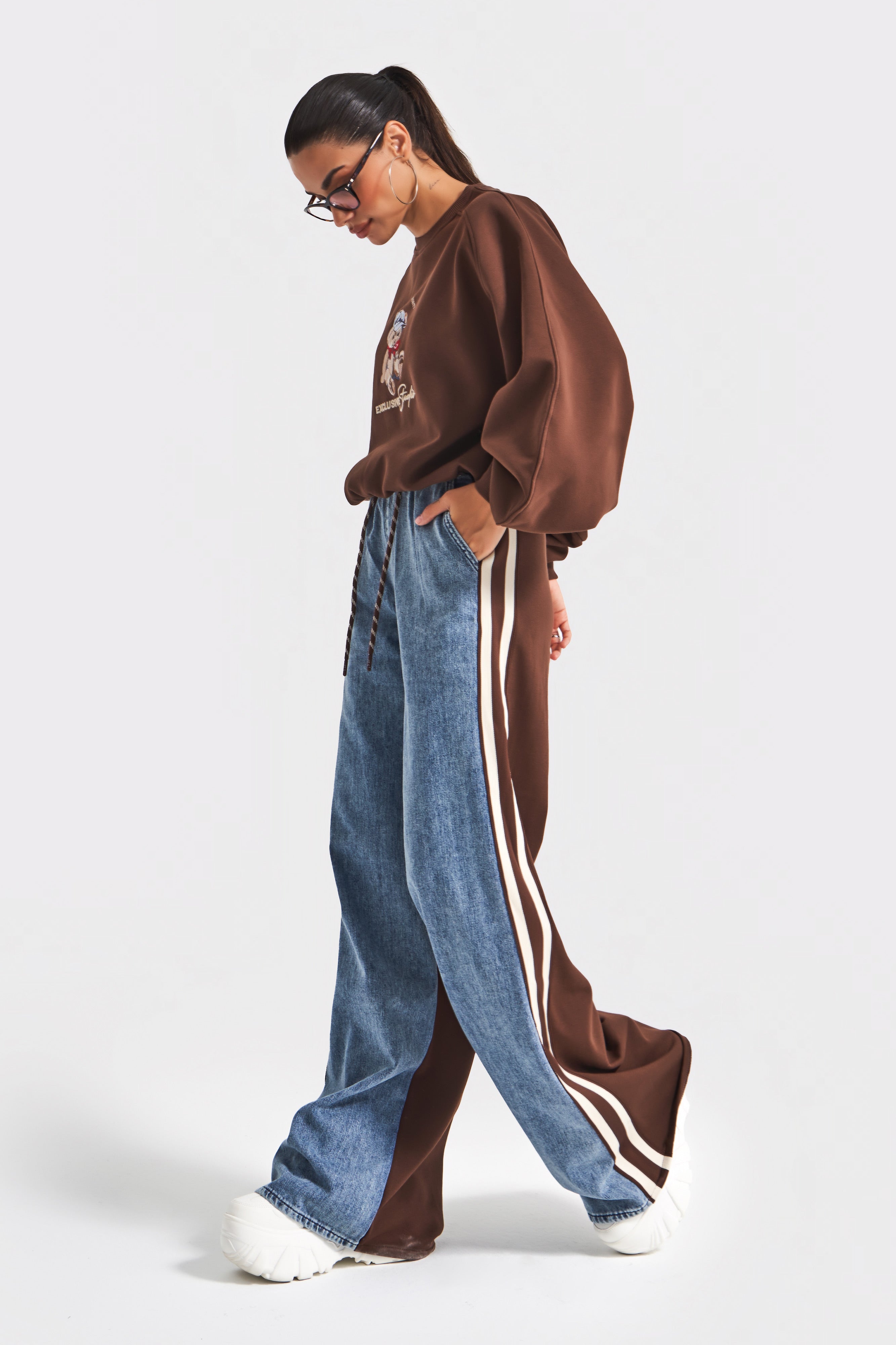 Kadın Kahve Kot Rengi w5-16 Tasarım Sweatshirt Pantolon 2'li Kombin Takım