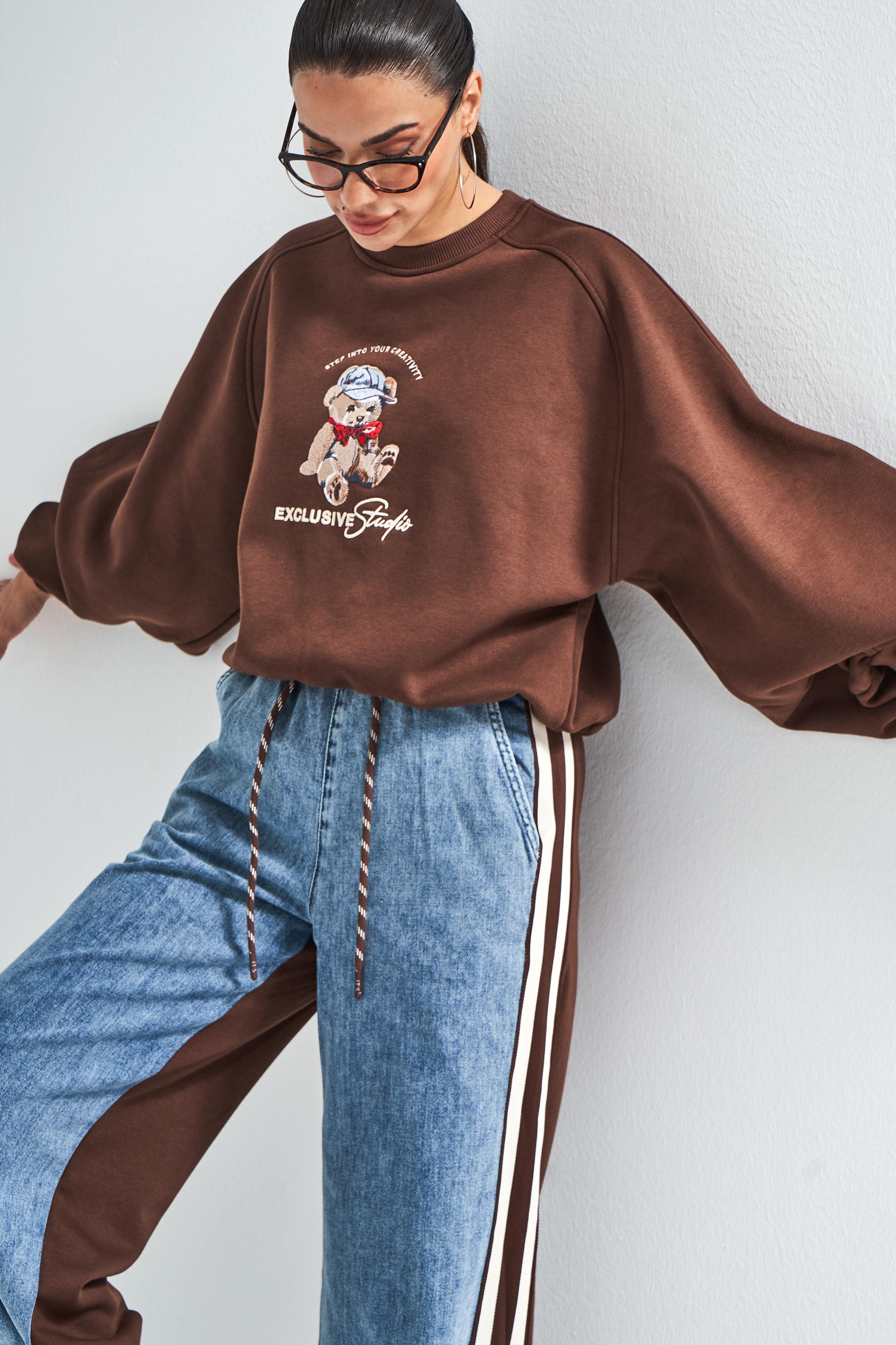 Kadın Kahve Kot Rengi w5-16 Tasarım Sweatshirt Pantolon 2'li Kombin Takım