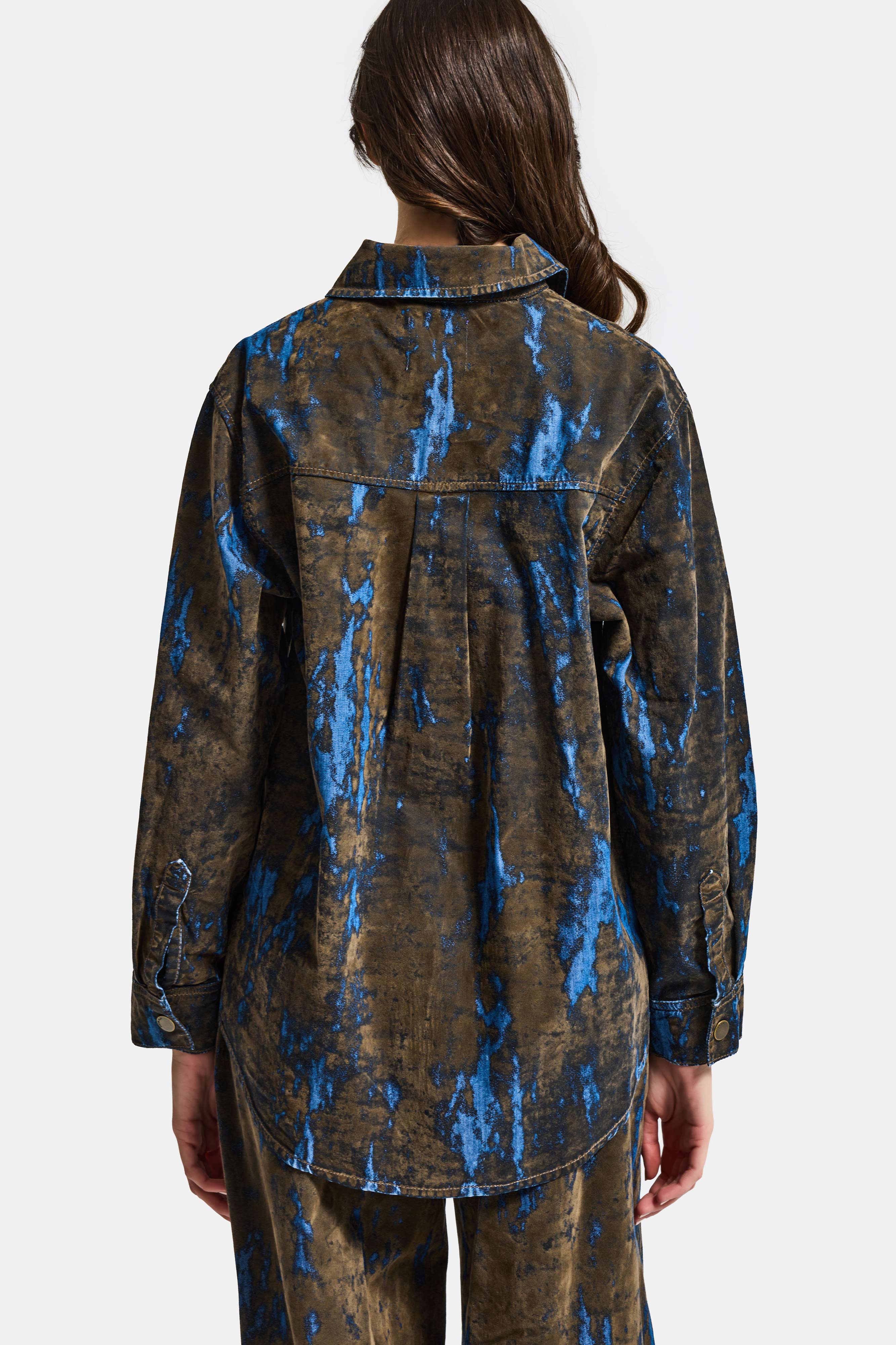 Kadın Kahve Mavi 1s6-15 Oversize Özel Flok Kumaş Tasarım Denim Gömlek