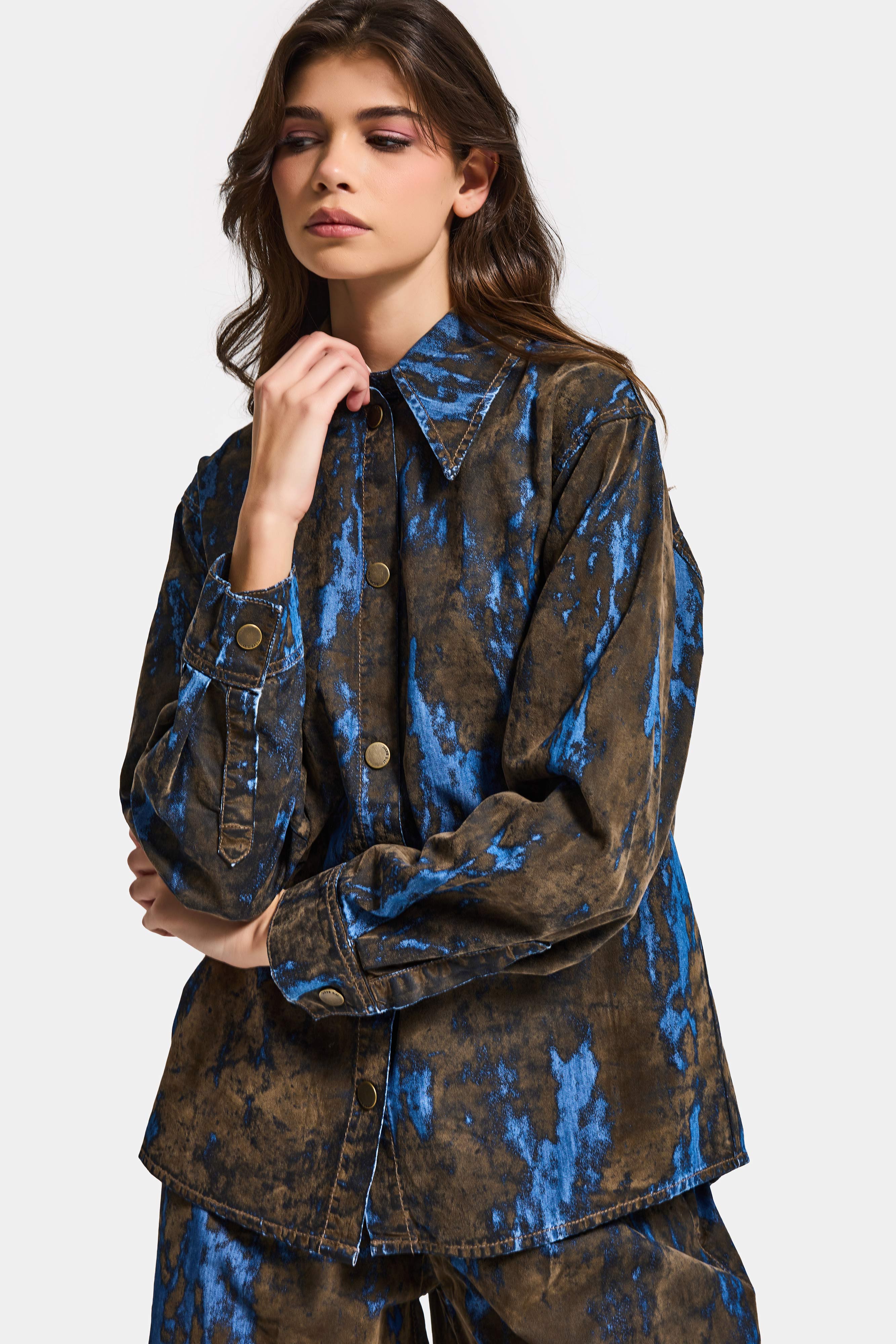 Kadın Kahve Mavi 1s6-15 Oversize Özel Flok Kumaş Tasarım Denim Gömlek