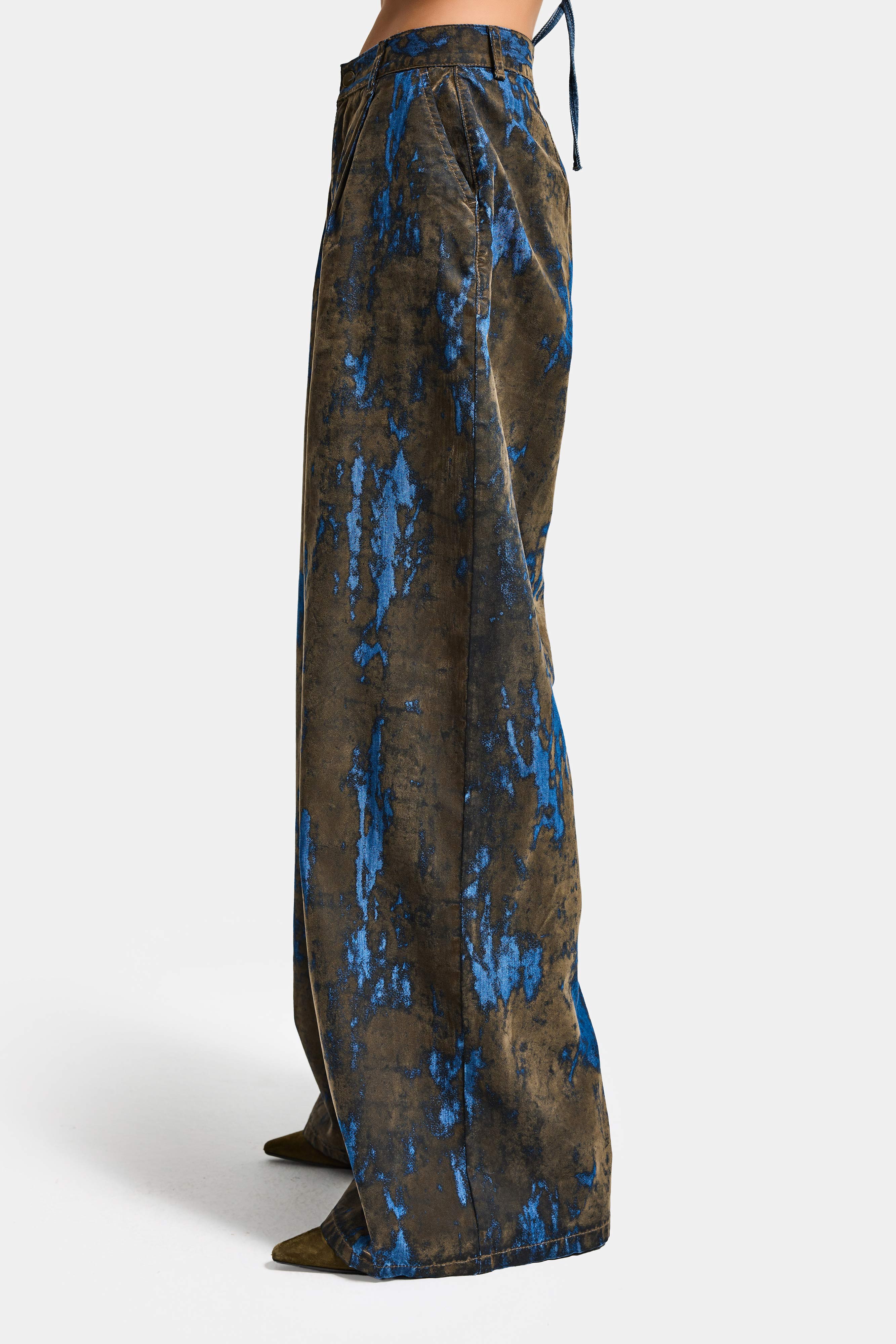 Kadın Kahve Mavi 1s6-15 Palazzo Fit Bol Kesim Özel Flok Kumaş Tasarım Denim Jean