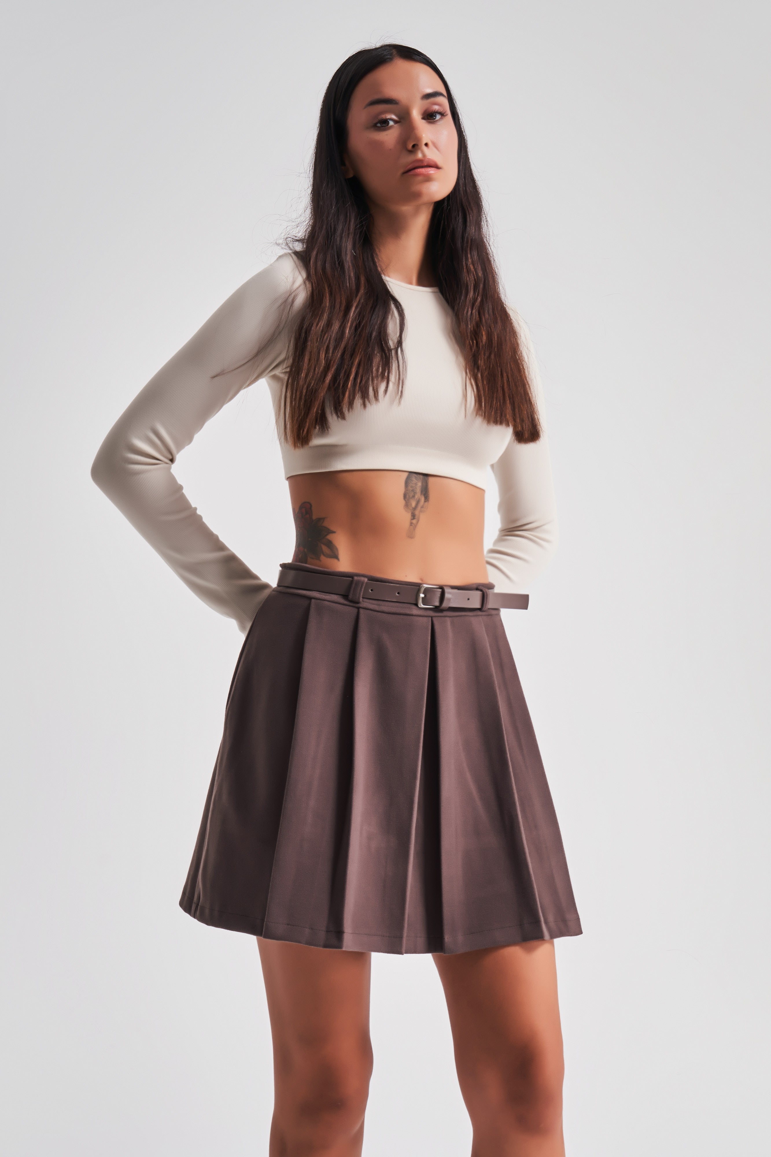 Women's Coffee Color Cashmere Fabric Belted Pleated Mini Skirt