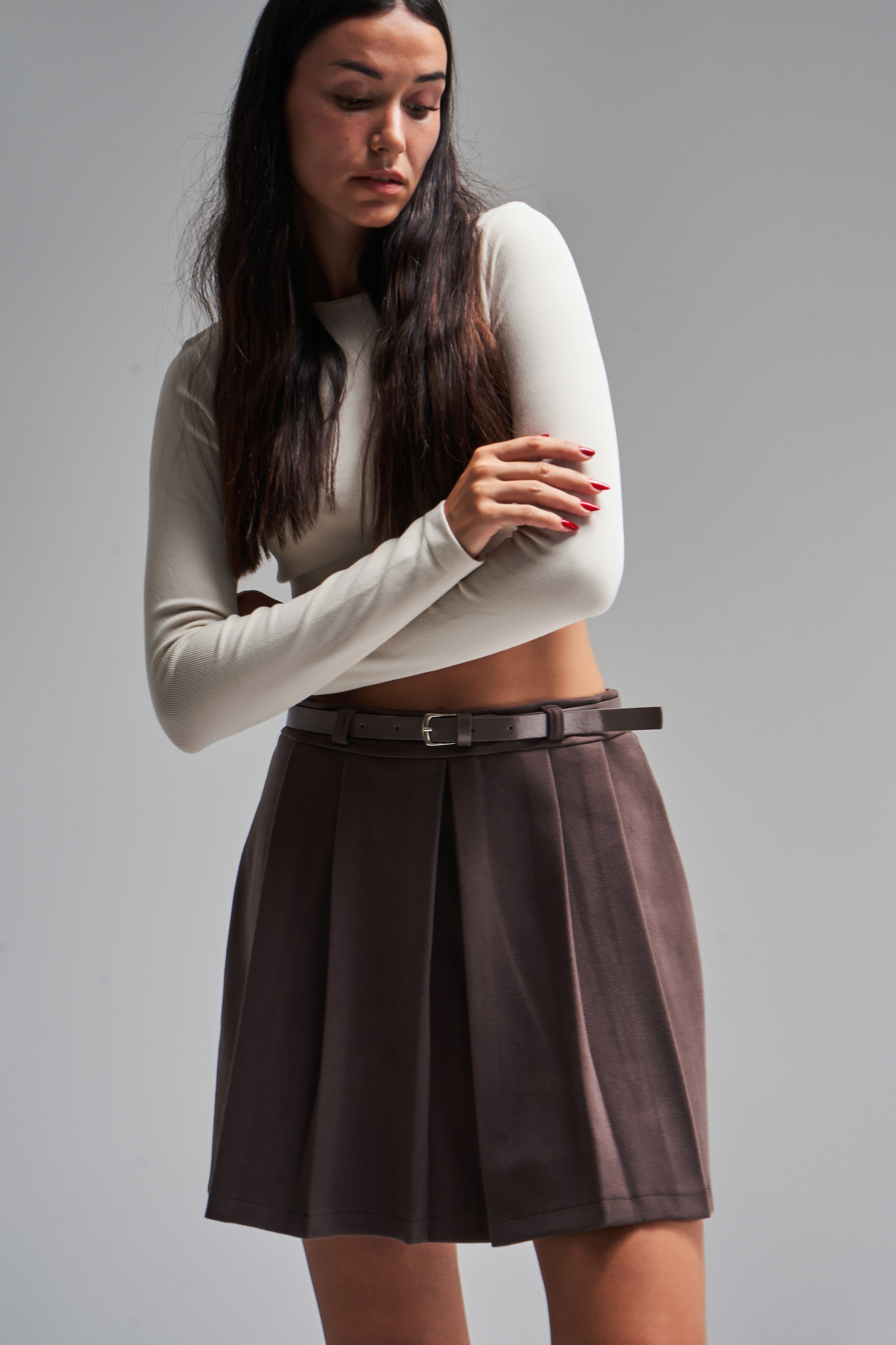 Women's Coffee Color Cashmere Fabric Belted Pleated Mini Skirt