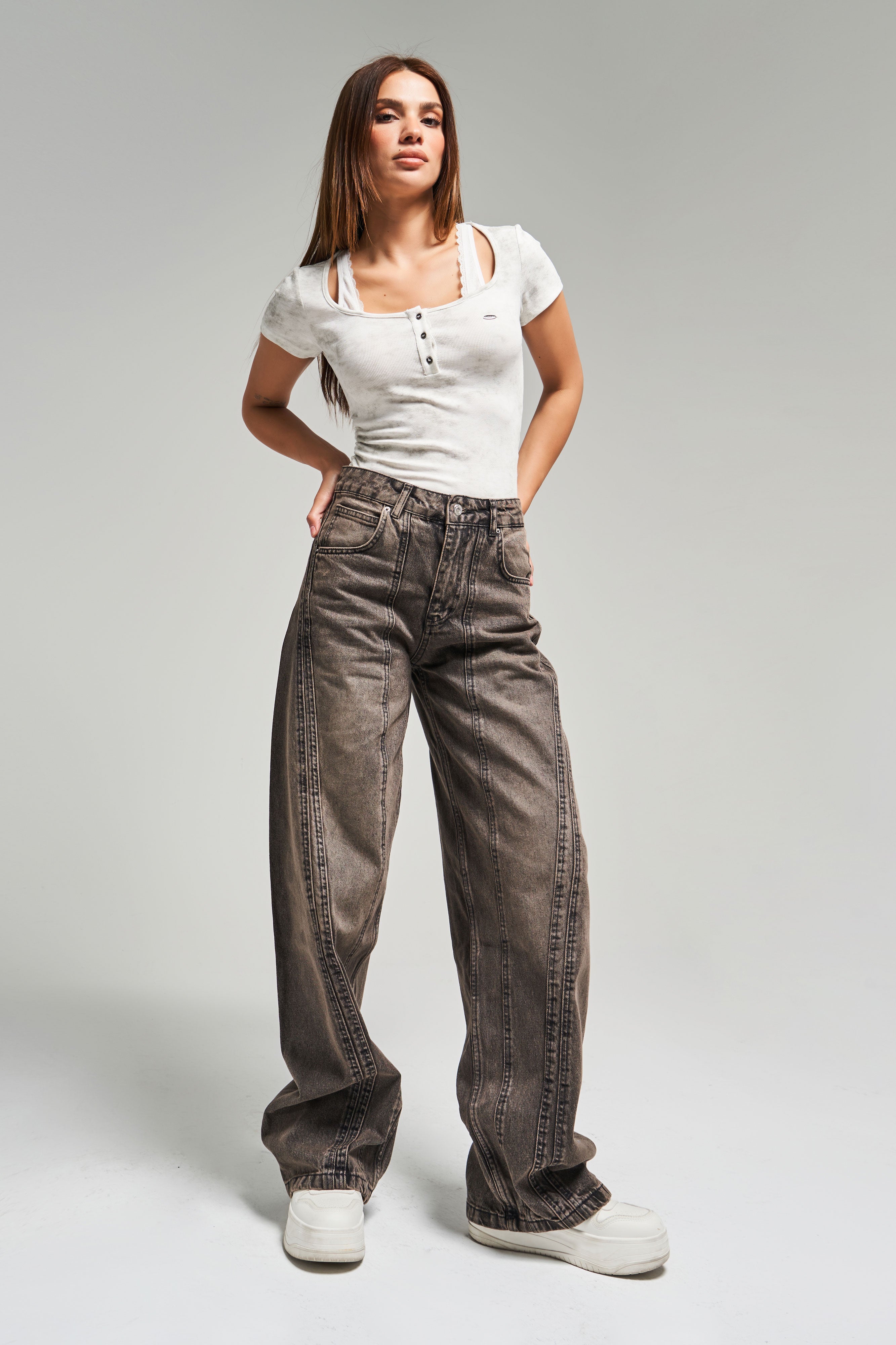 Kadın Kahve Renk 2w470 Bol Kesim Tasarım Denim