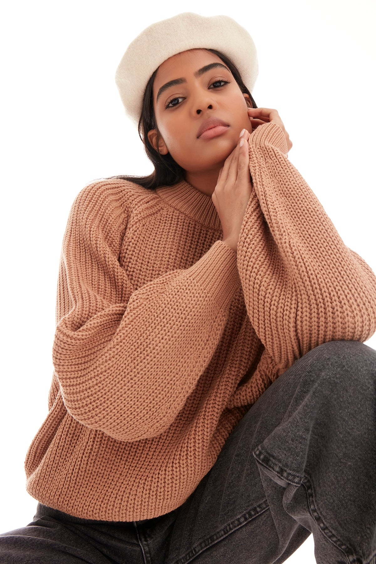 Women's Brown Color Oversize Fit Thick Knitted Knitwear Sweater