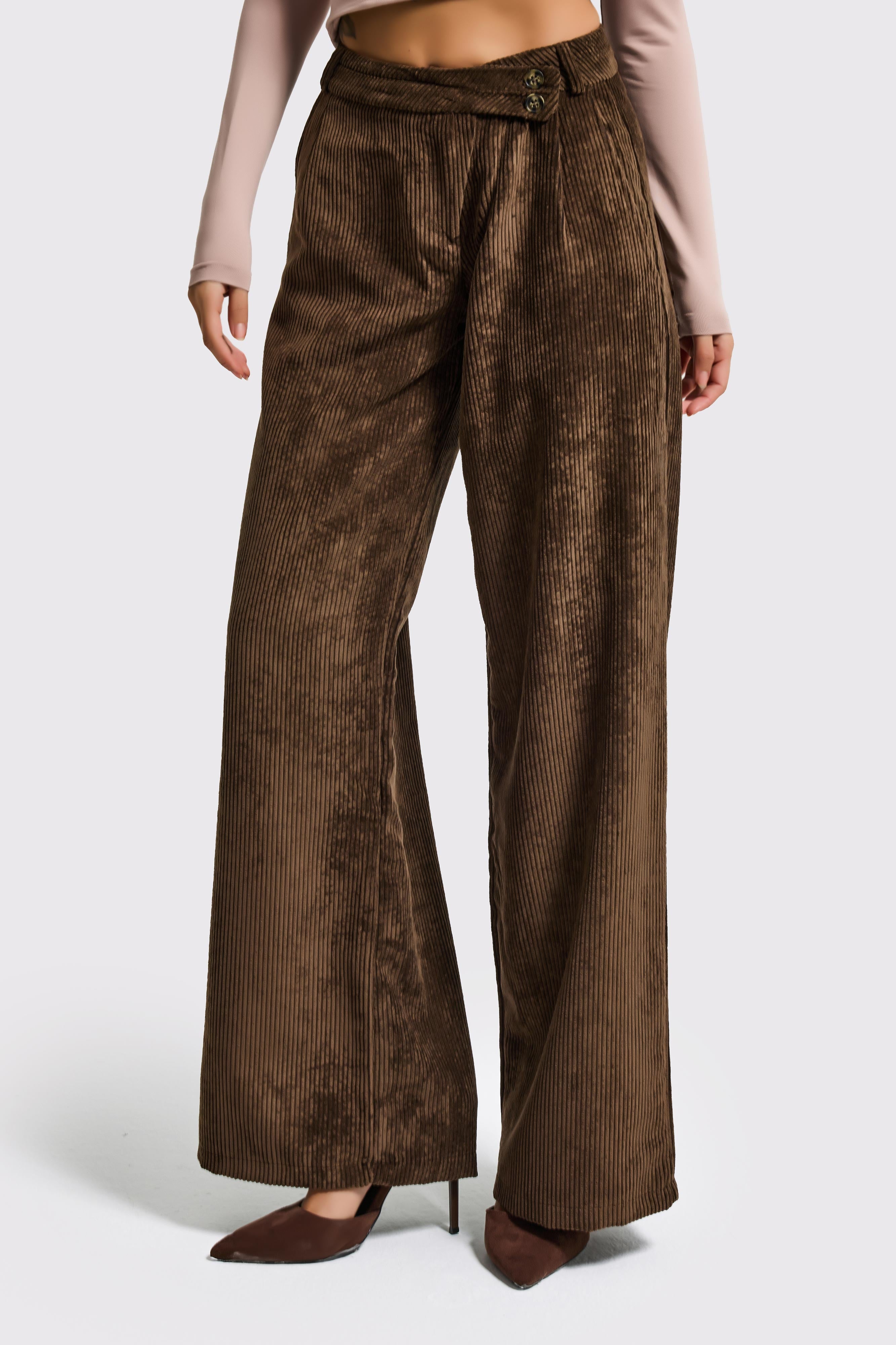 Kadın Kahve Renk w5-81 Palazzo Fit Kemer Detaylı Kalın Fitilli Velvet Kadife Kumaş Pantolon