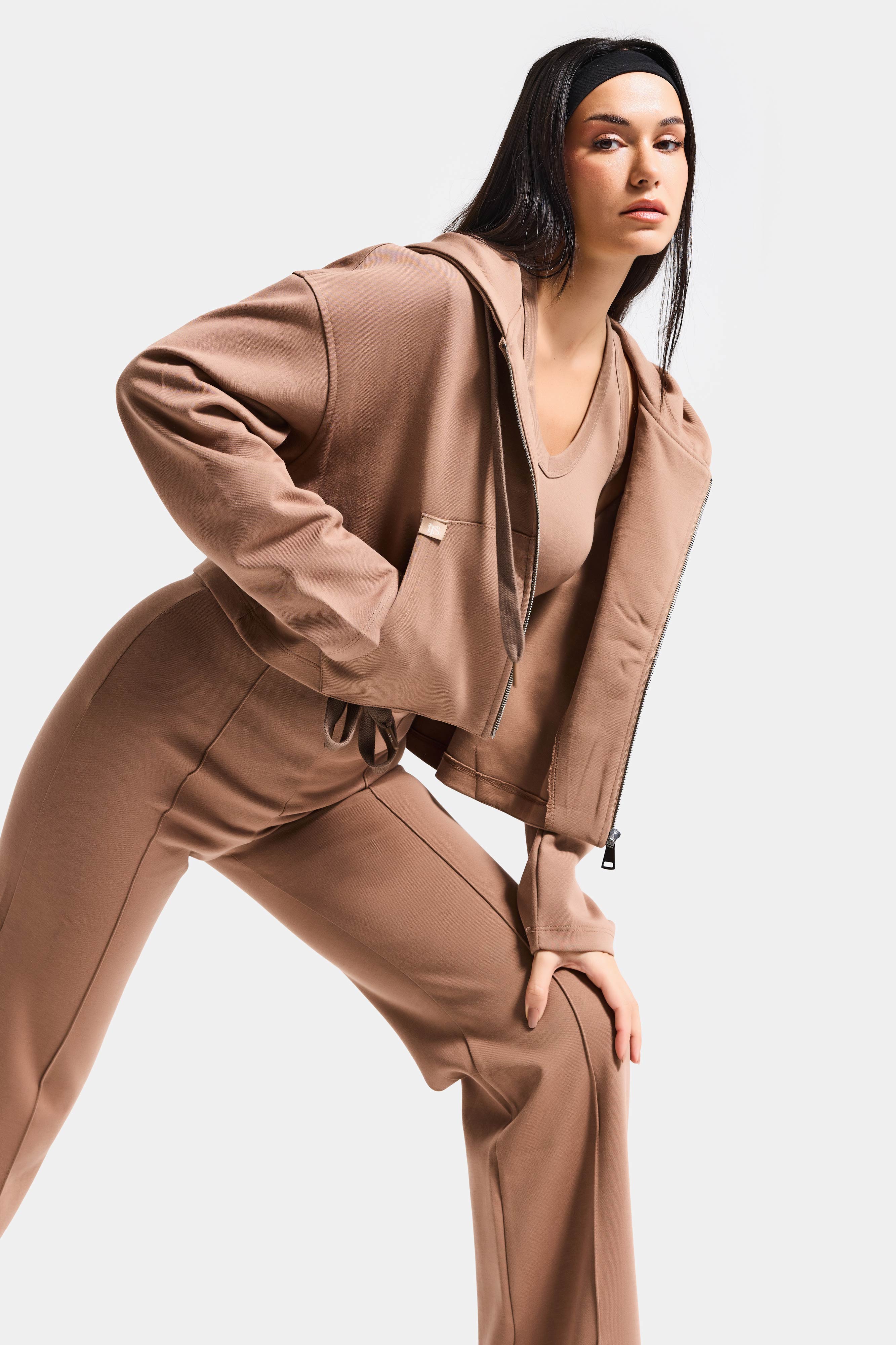 Kadın Kahve s6-16 Örme Kumaş Flare Eşofman Büstiyer ve Fermuarlı Sweatshirt 3'lü Kombin Takım