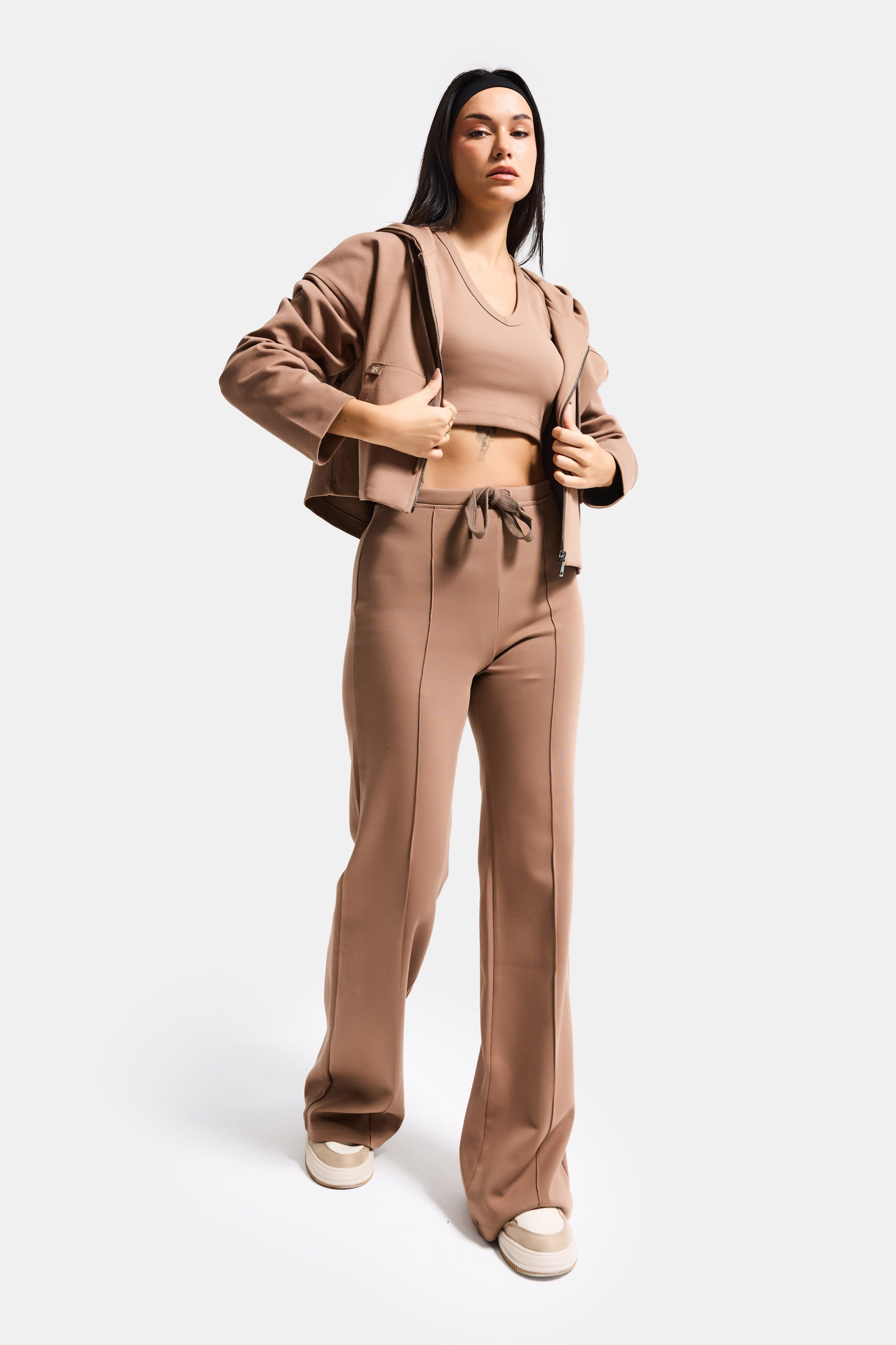 Kadın Kahve s6-16 Örme Kumaş Flare Eşofman Büstiyer ve Fermuarlı Sweatshirt 3'lü Kombin Takım