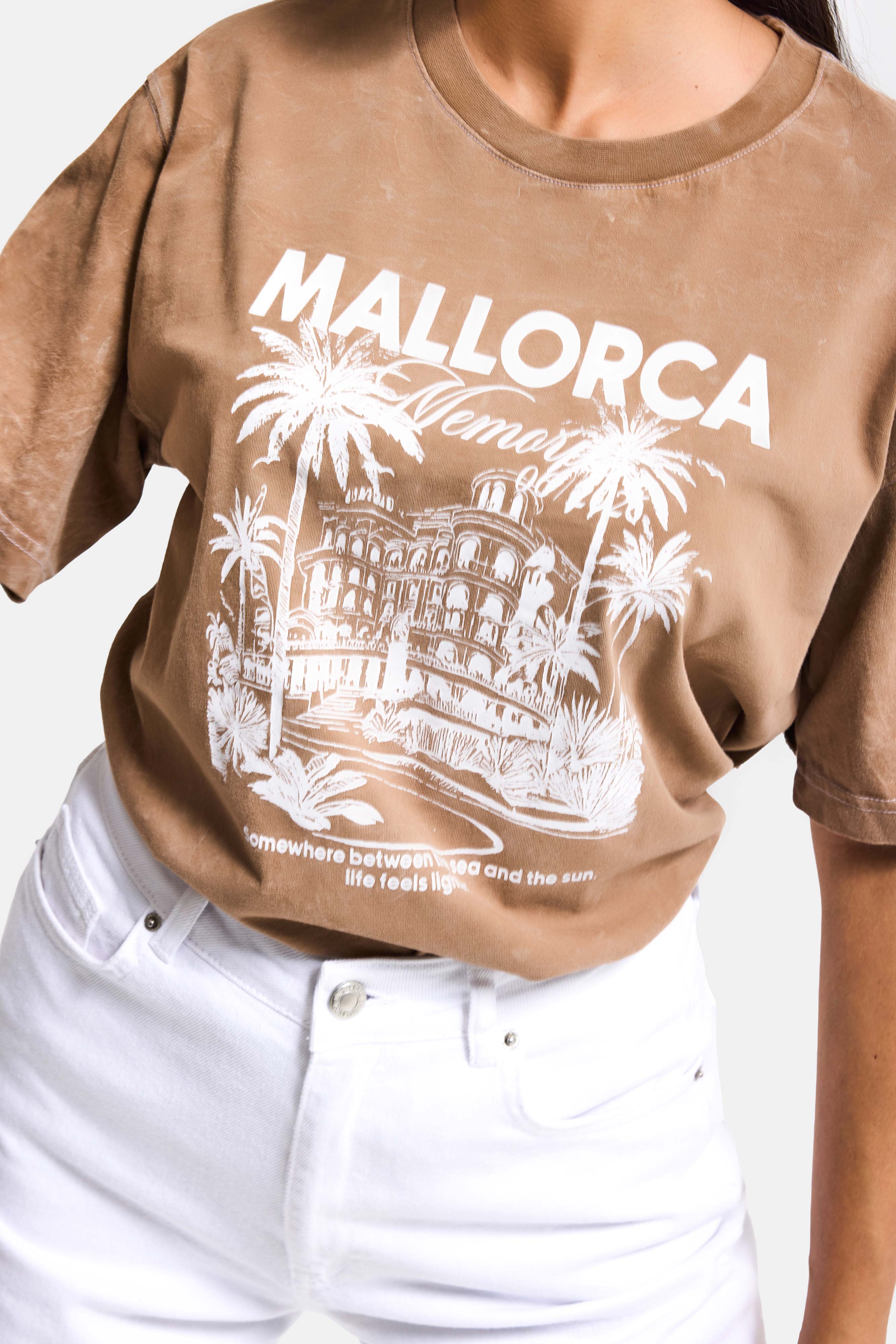 Kadın Kahve s6-16 Oversize Mallorca Baskılı %100 Koton T-Shirt