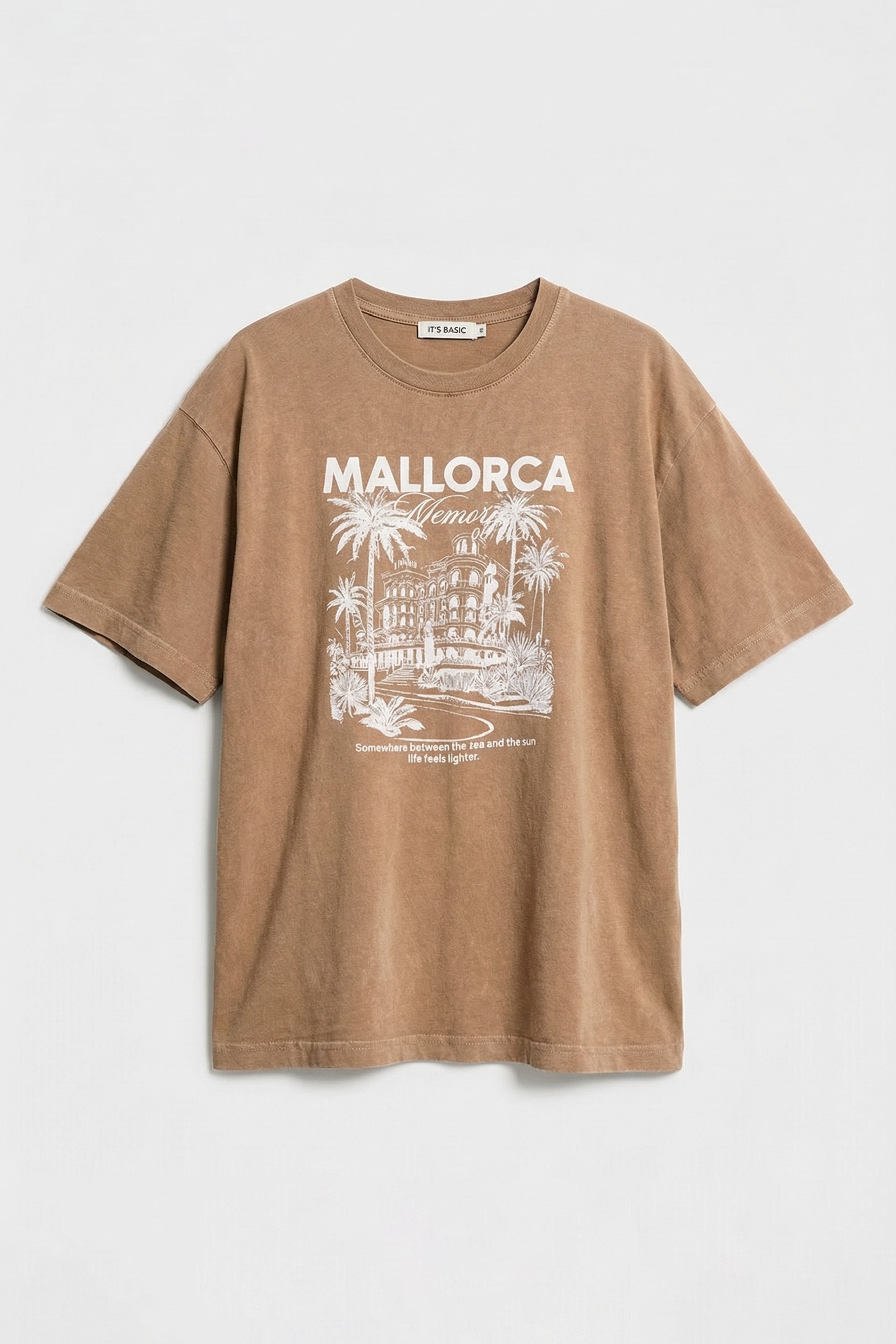 Kadın Kahve s6-16 Oversize Mallorca Baskılı %100 Koton T-Shirt