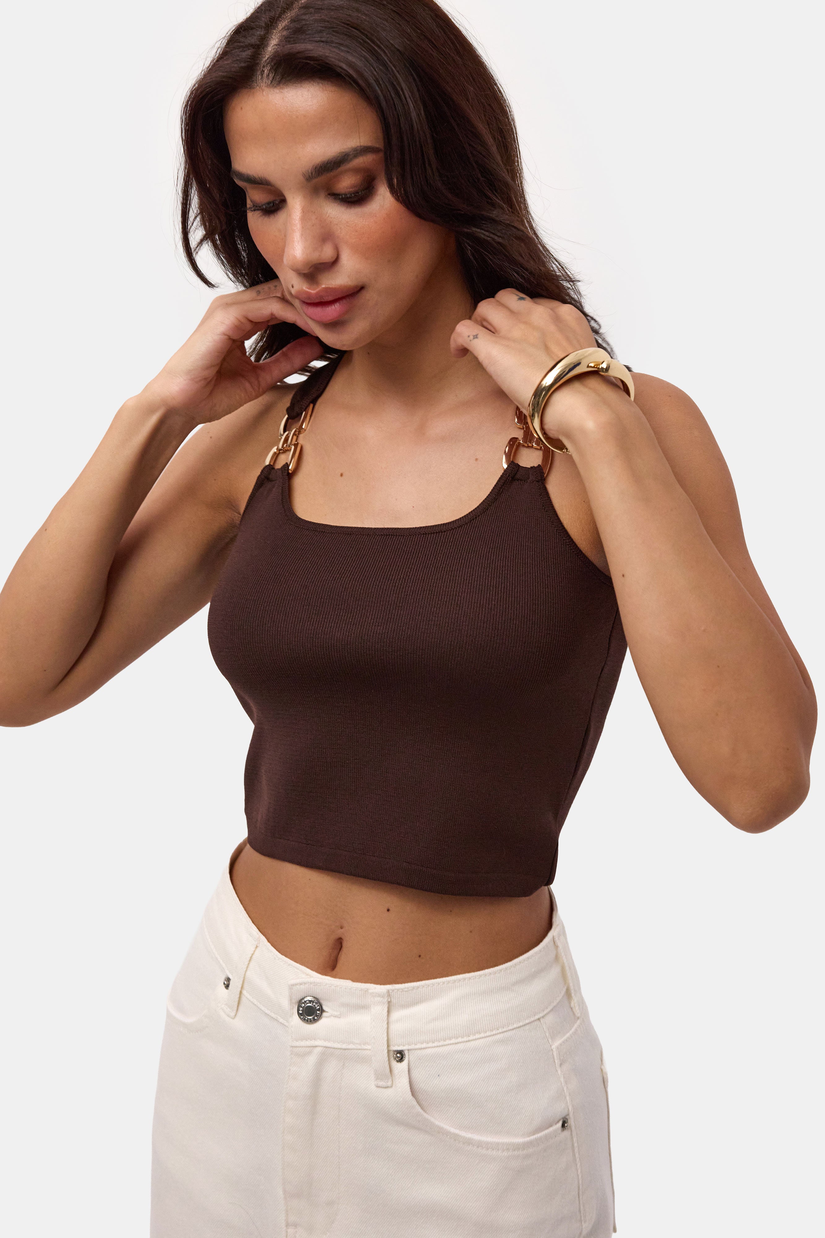 Kadın Kahve s6-81 Aksesuar Detaylı Crop Bluz